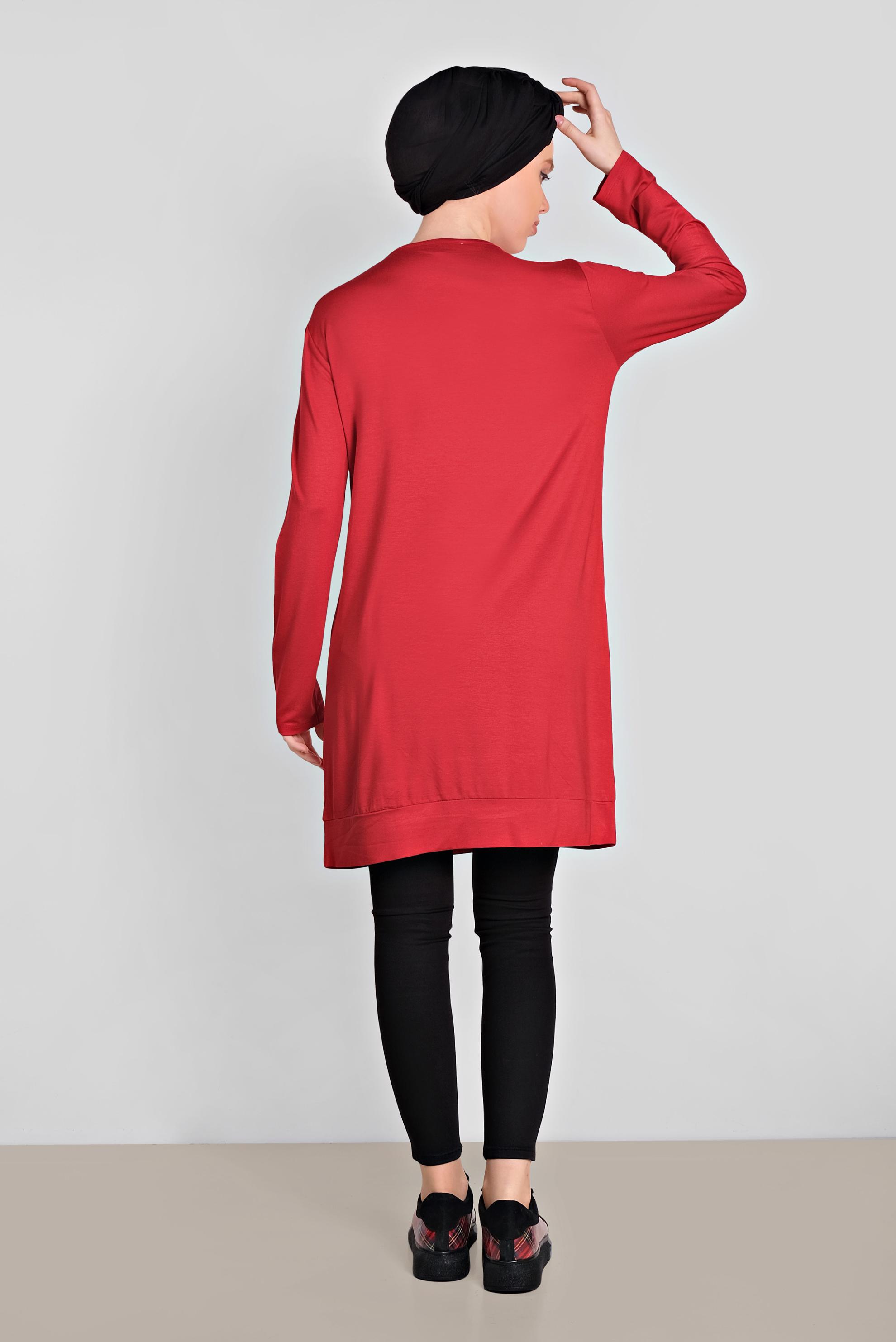 Tesettür giyim KIRMIZI BONCUK VE BASKI DETAYLI TUNİK 4506 