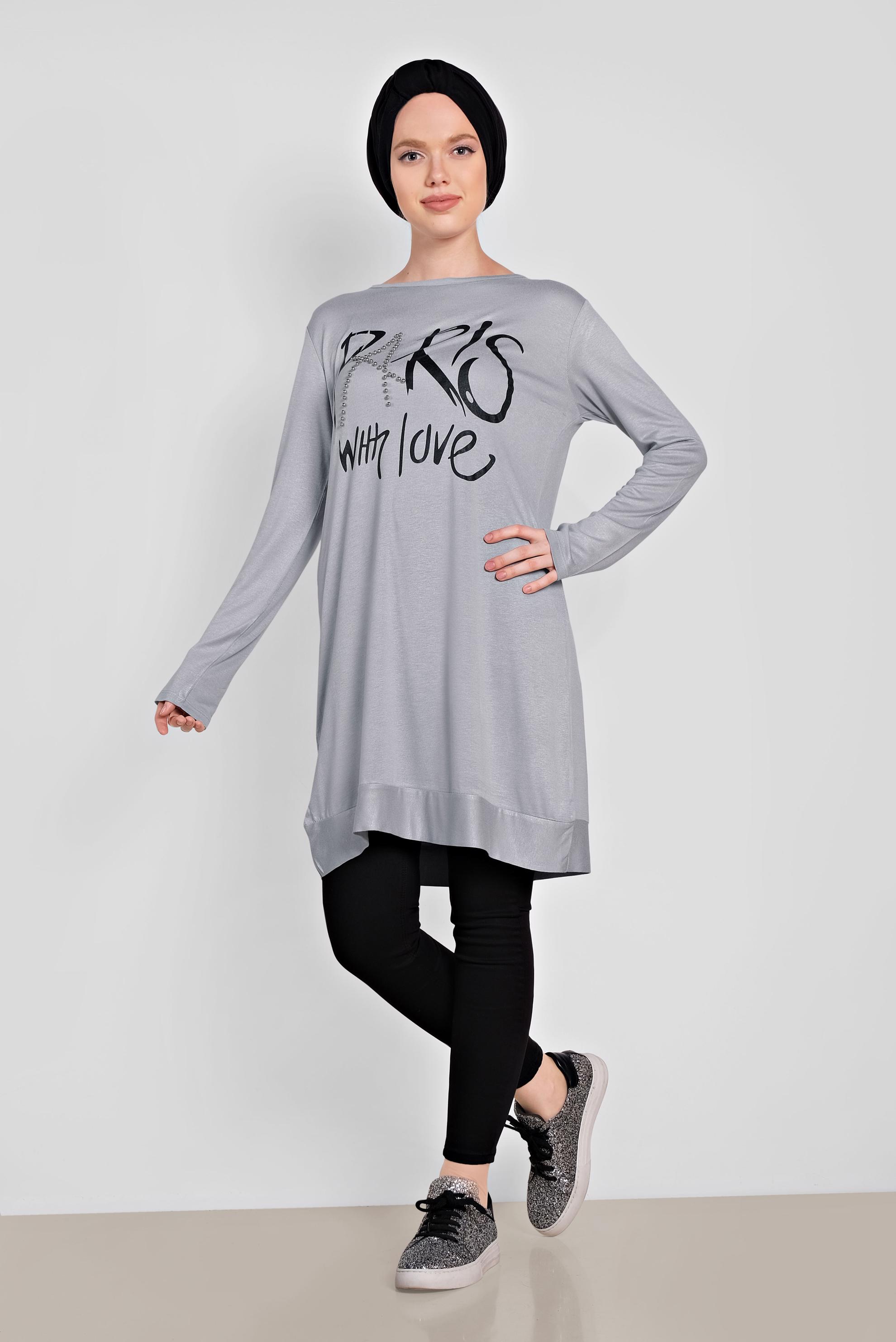 Tesettür giyim GRİ BONCUK VE BASKI DETAYLI TUNİK 4506 