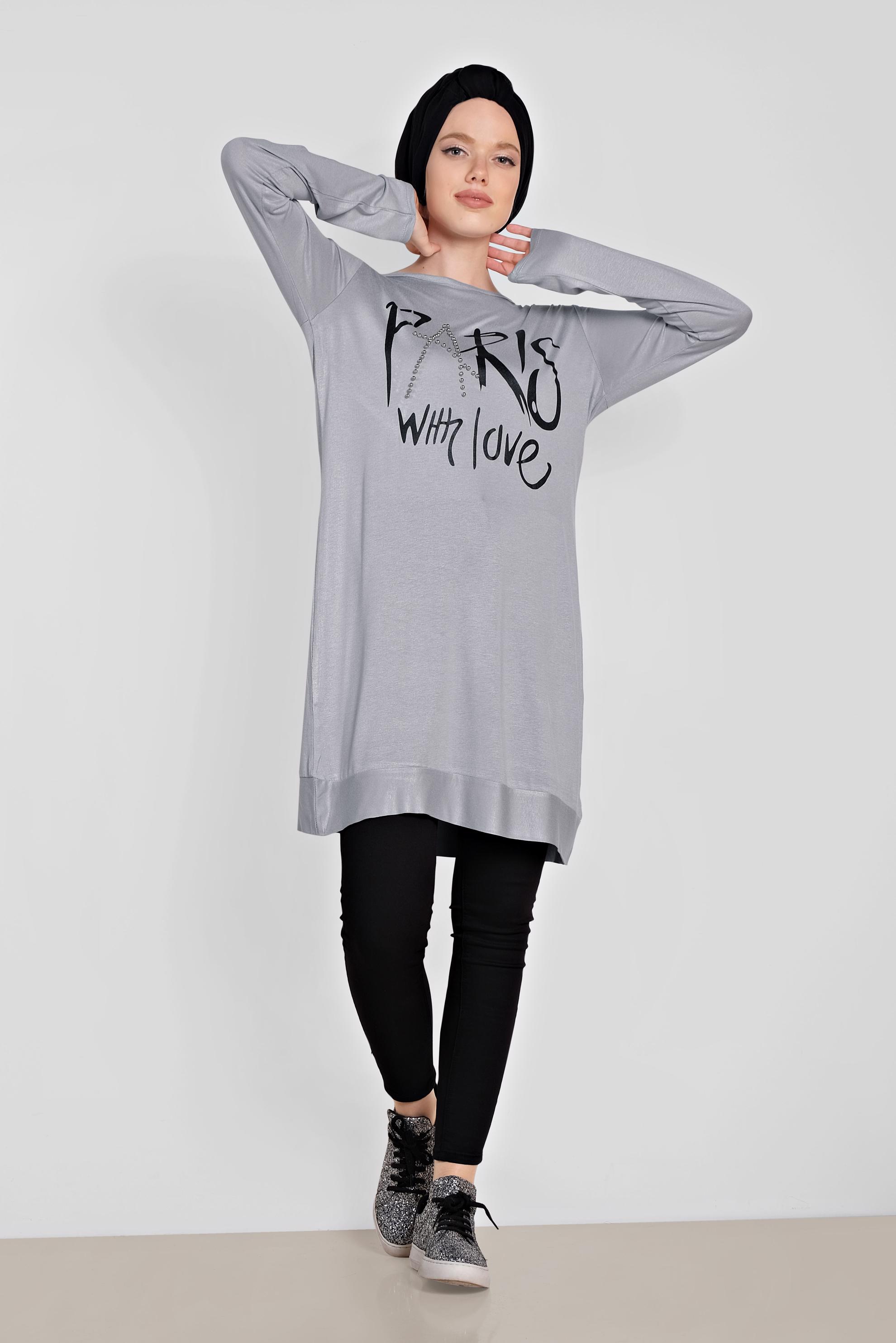 Tesettür giyim GRİ BONCUK VE BASKI DETAYLI TUNİK 4506 