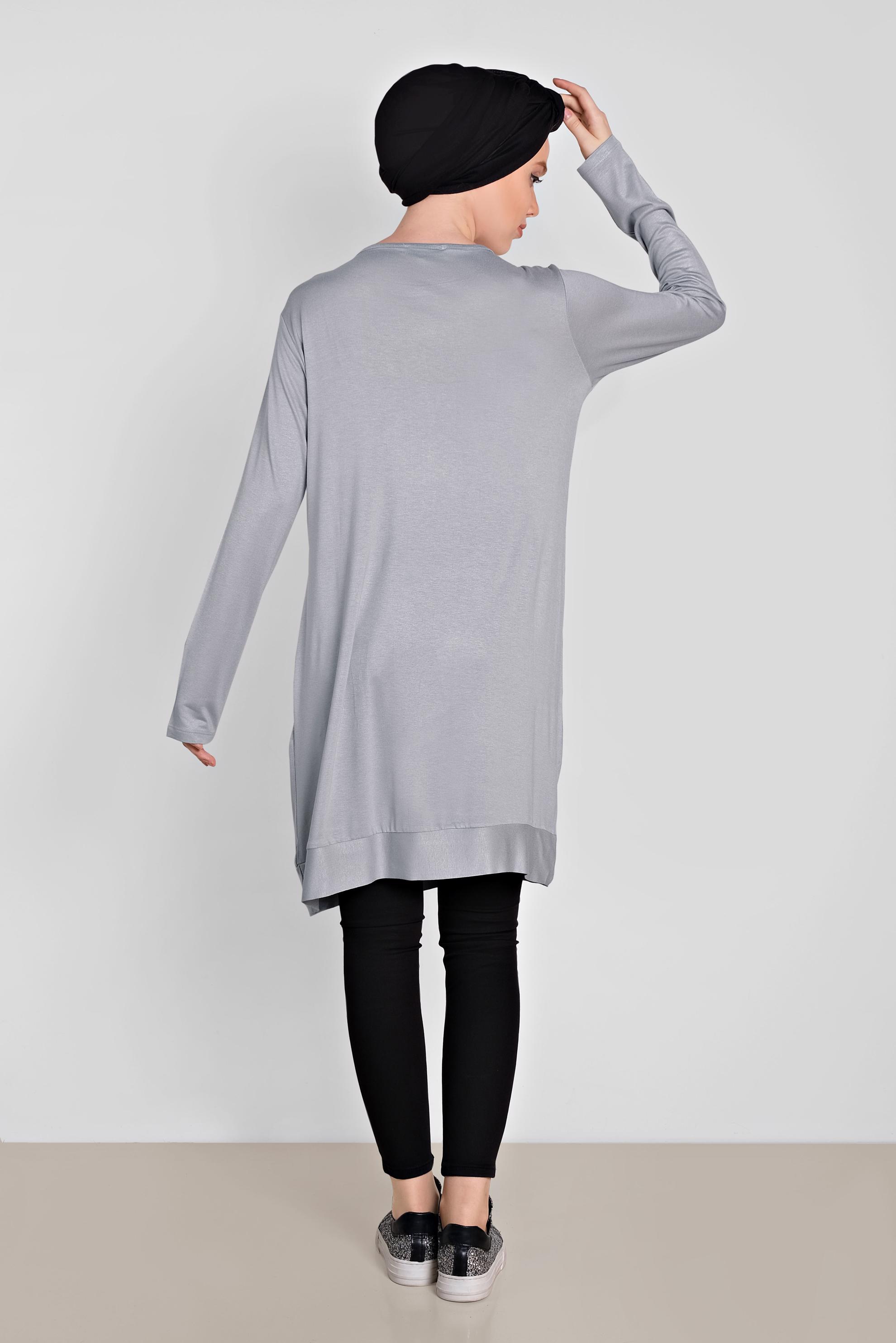 Tesettür giyim GRİ BONCUK VE BASKI DETAYLI TUNİK 4506 