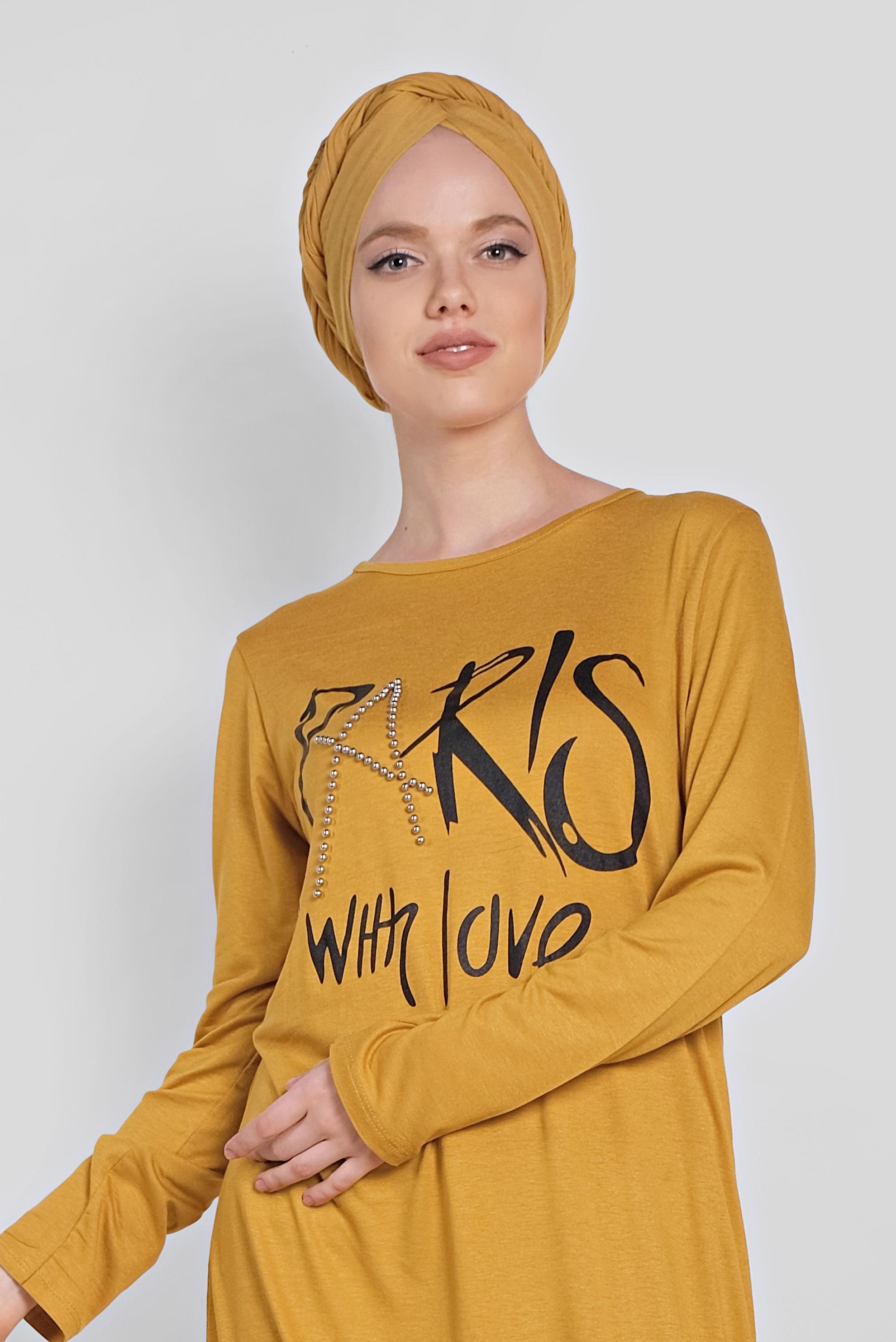 Tesettür giyim SARI BONCUK VE BASKI DETAYLI TUNİK 4506 