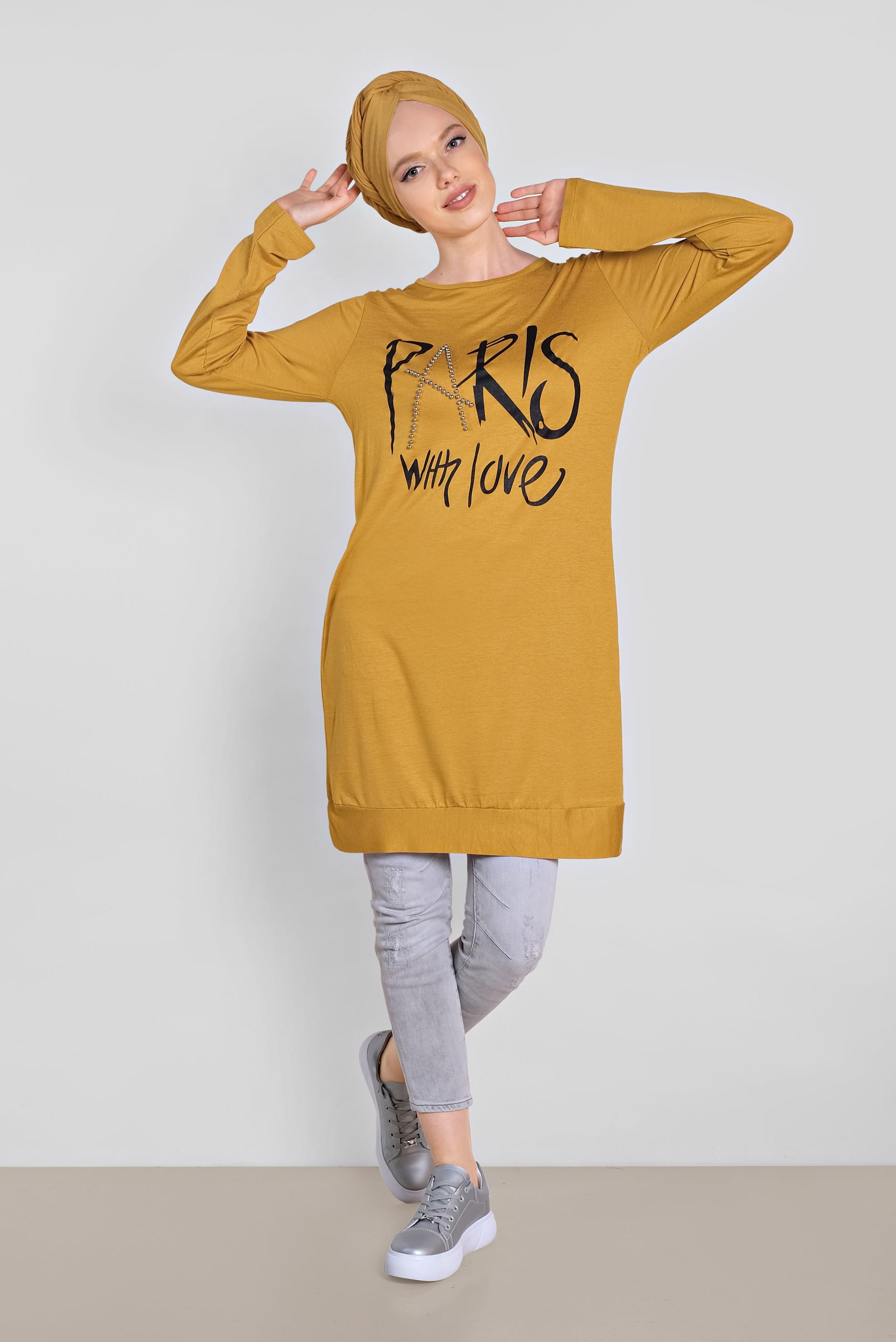 Tesettür giyim SARI BONCUK VE BASKI DETAYLI TUNİK 4506 