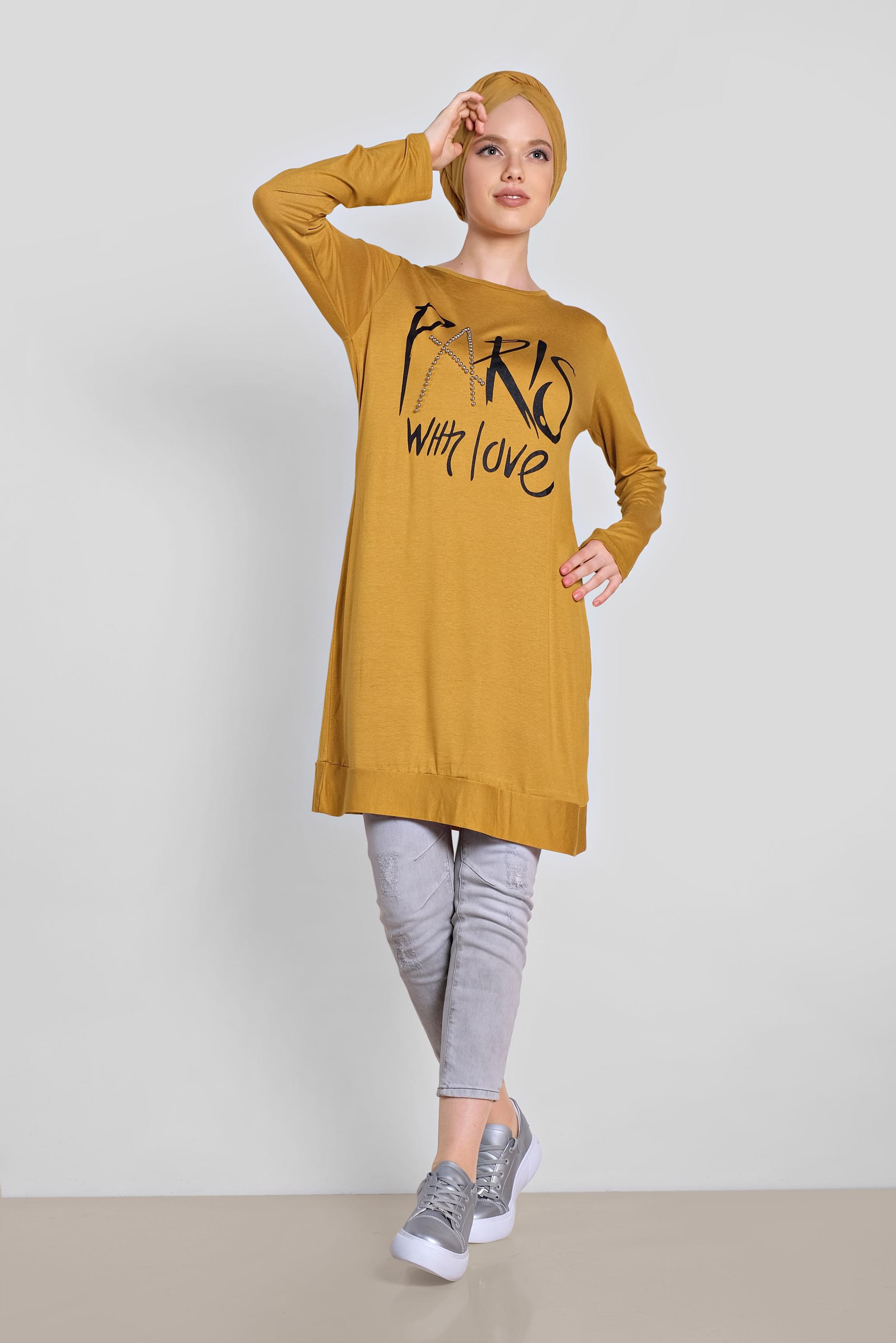 Tesettür giyim SARI BONCUK VE BASKI DETAYLI TUNİK 4506 