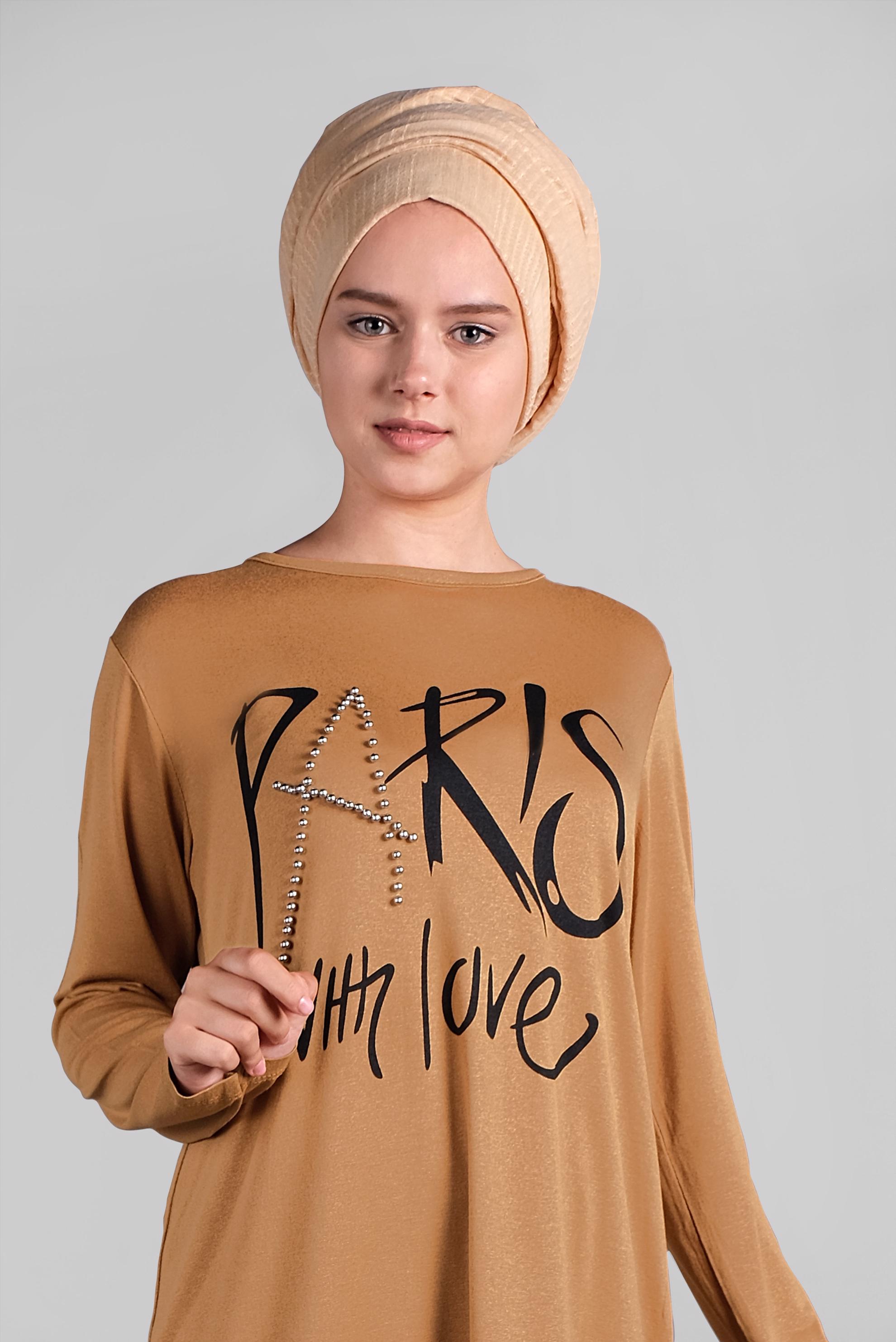 Tesettür giyim KAHVE BONCUK VE BASKI DETAYLI TUNİK 4506 