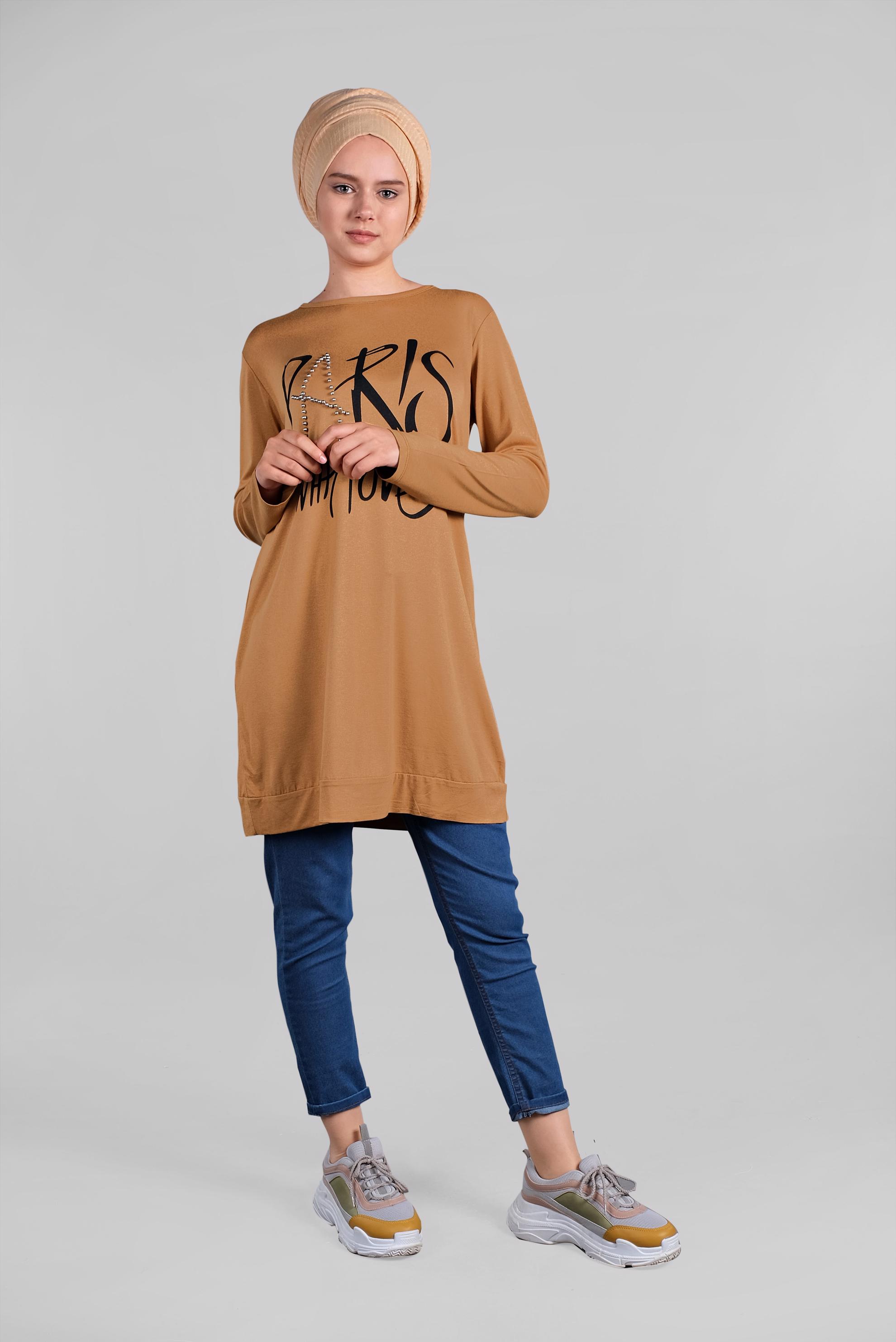 Tesettür giyim KAHVE BONCUK VE BASKI DETAYLI TUNİK 4506 