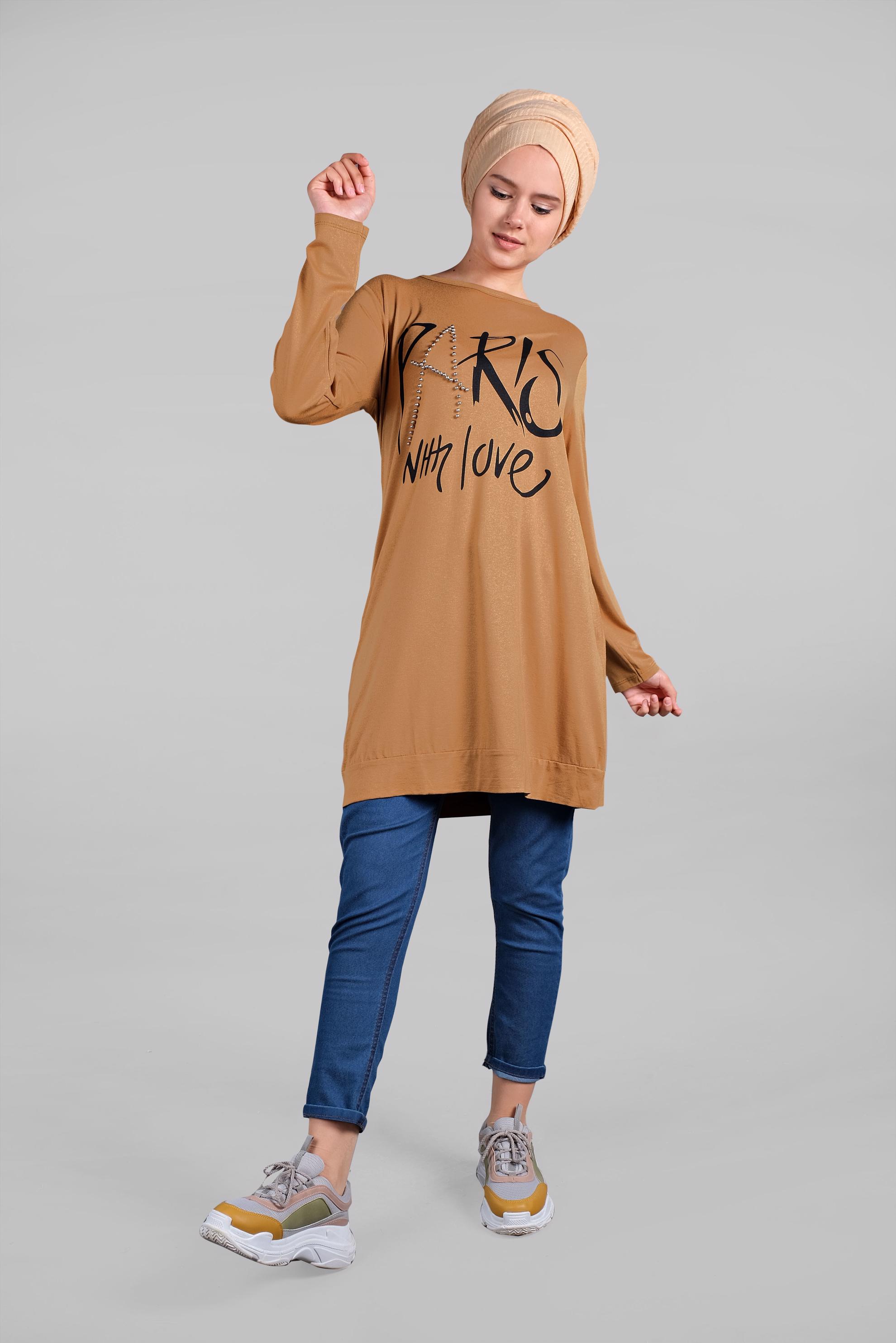 Tesettür giyim KAHVE BONCUK VE BASKI DETAYLI TUNİK 4506 