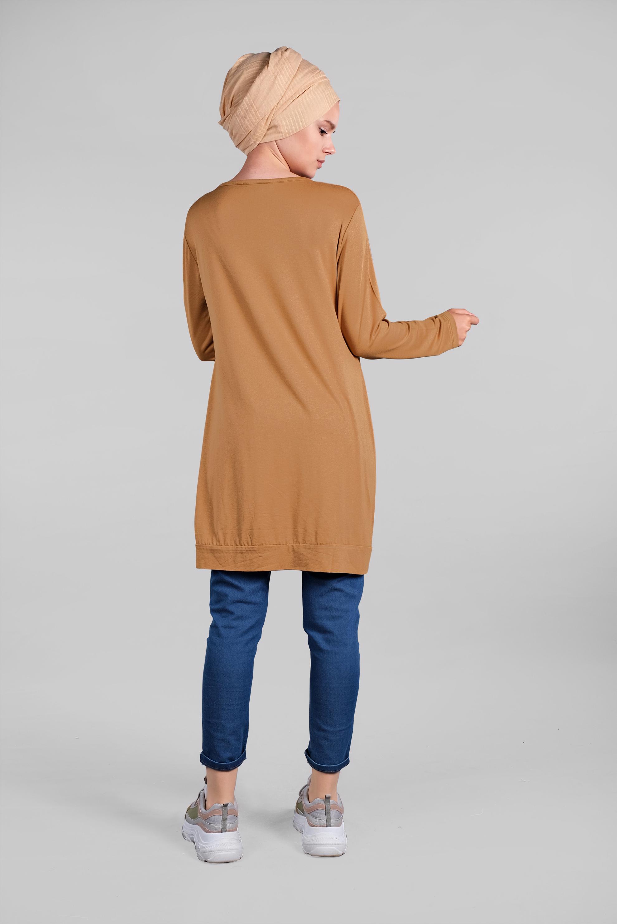 Tesettür giyim KAHVE BONCUK VE BASKI DETAYLI TUNİK 4506 