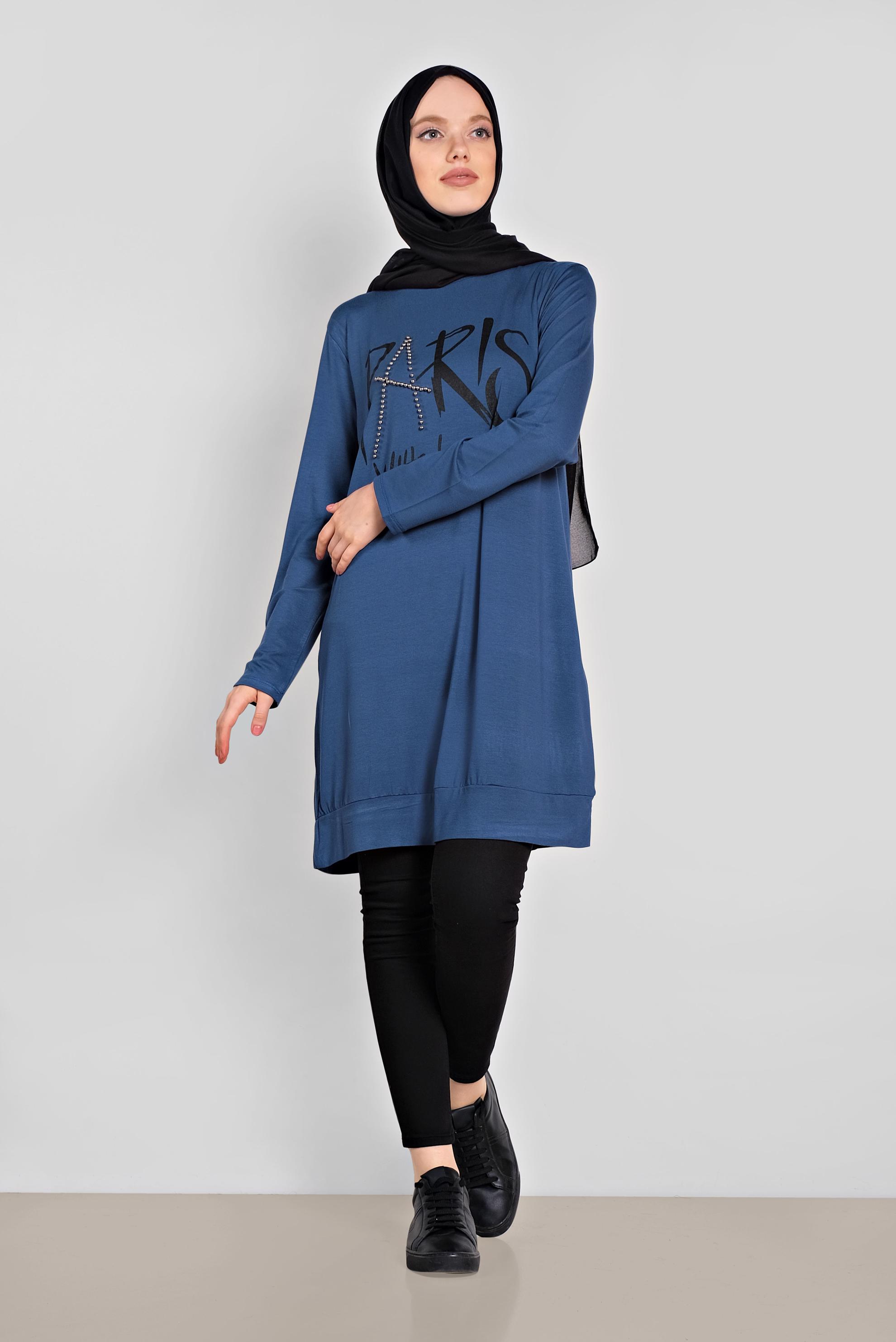 Tesettür giyim LACİVERT BONCUK VE BASKI DETAYLI TUNİK 4506 