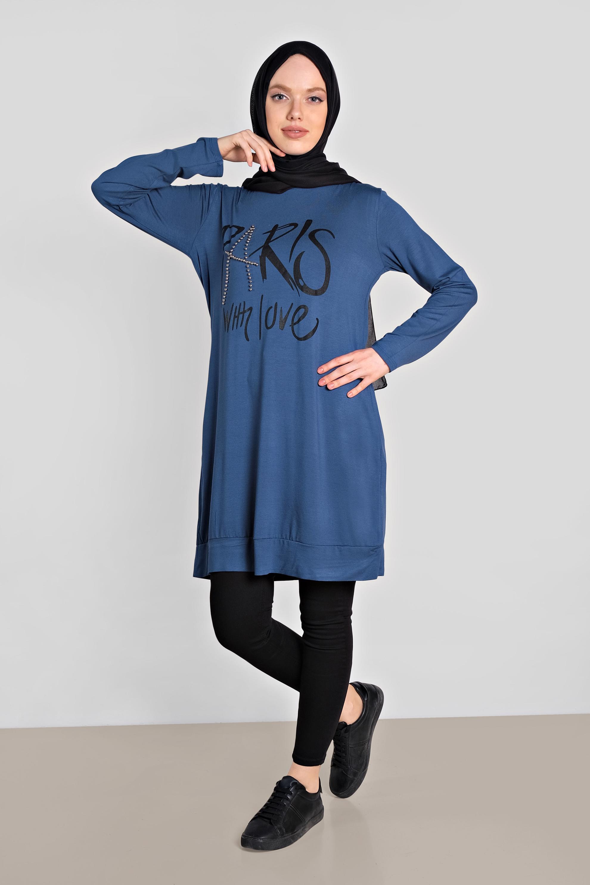Tesettür giyim LACİVERT BONCUK VE BASKI DETAYLI TUNİK 4506 