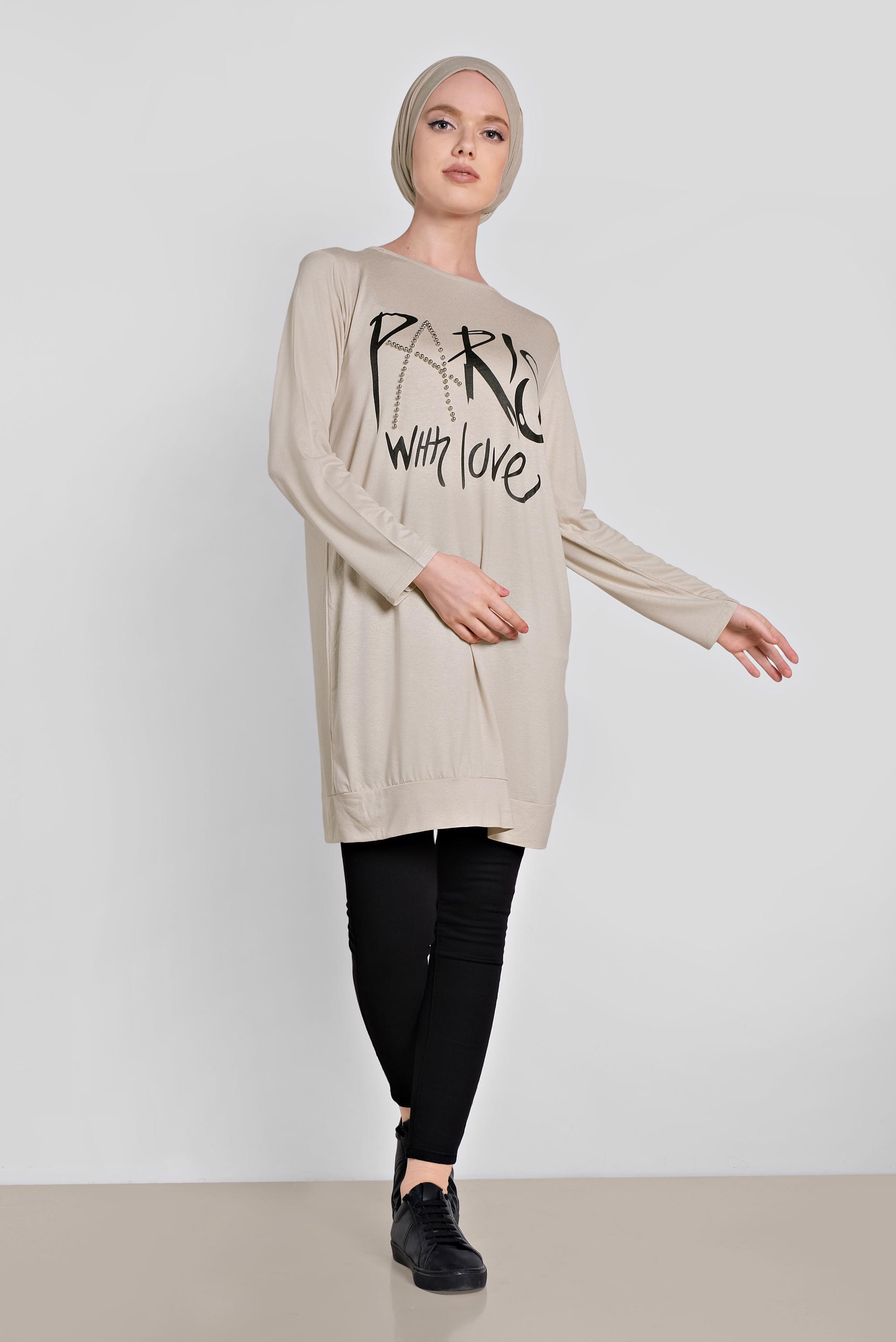 Tesettür giyim BEJ BONCUK VE BASKI DETAYLI TUNİK 4506 