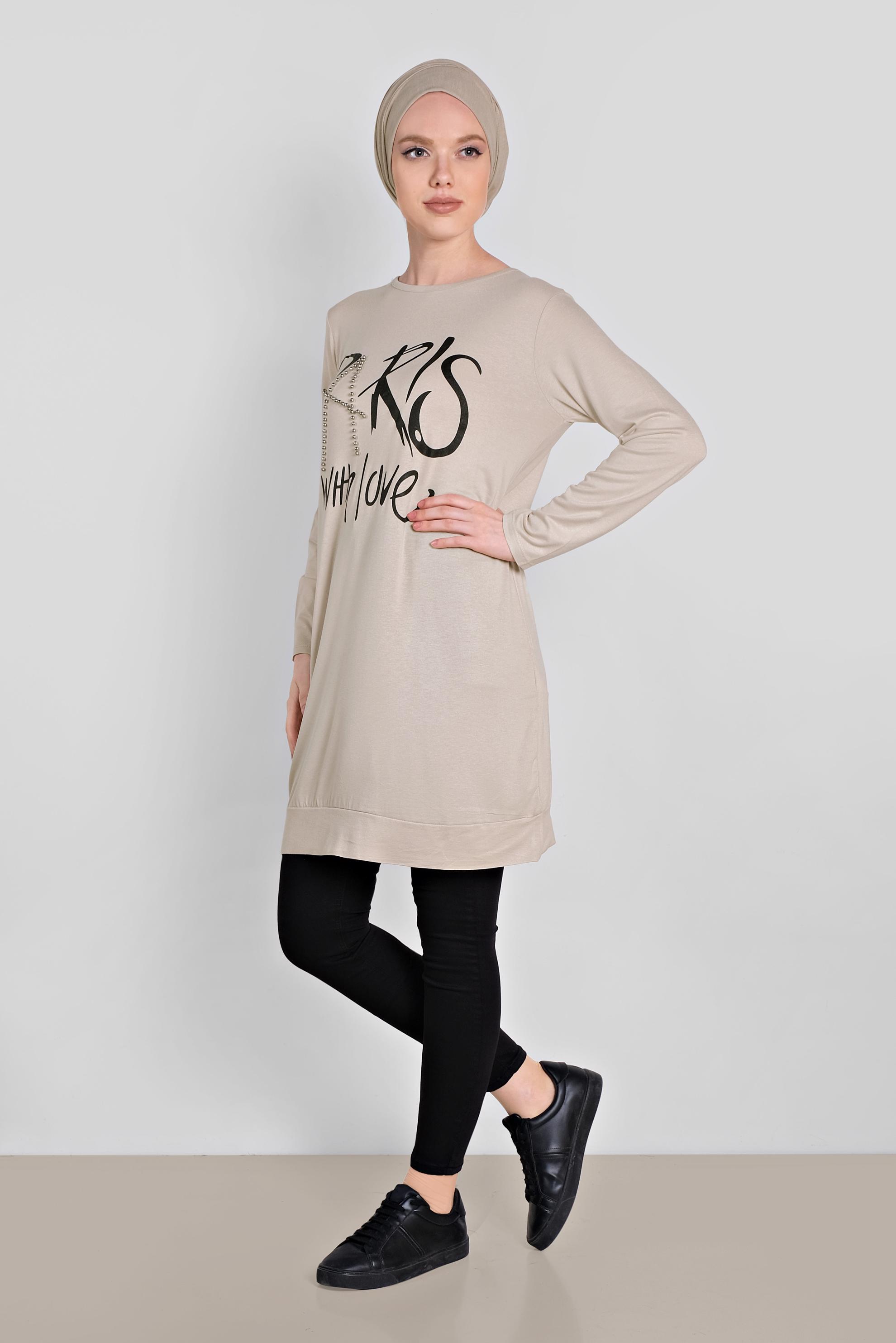 Tesettür giyim BEJ BONCUK VE BASKI DETAYLI TUNİK 4506 