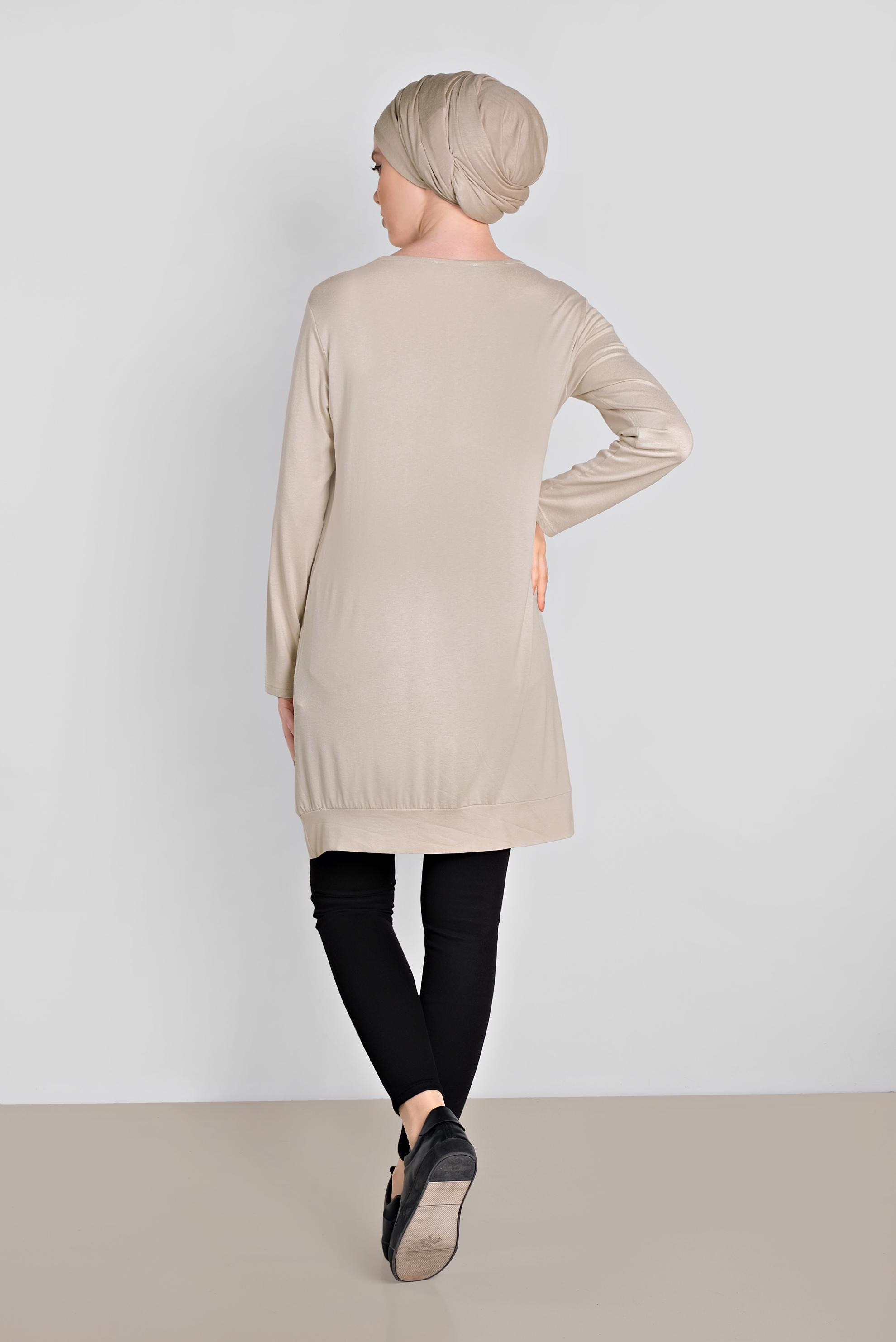 Tesettür giyim BEJ BONCUK VE BASKI DETAYLI TUNİK 4506 