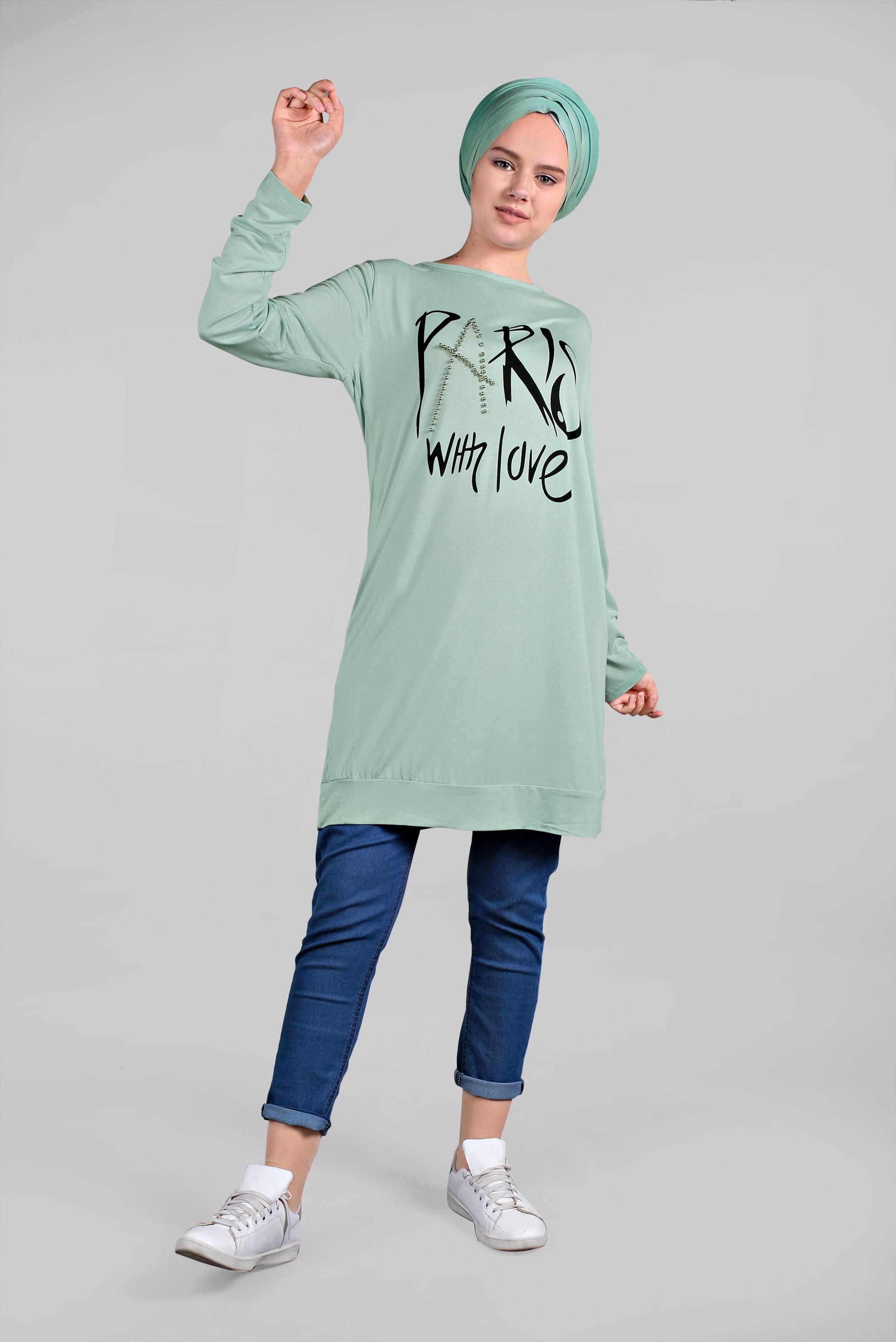 Tesettür giyim YEŞİL BONCUK VE BASKI DETAYLI TUNİK 4506 