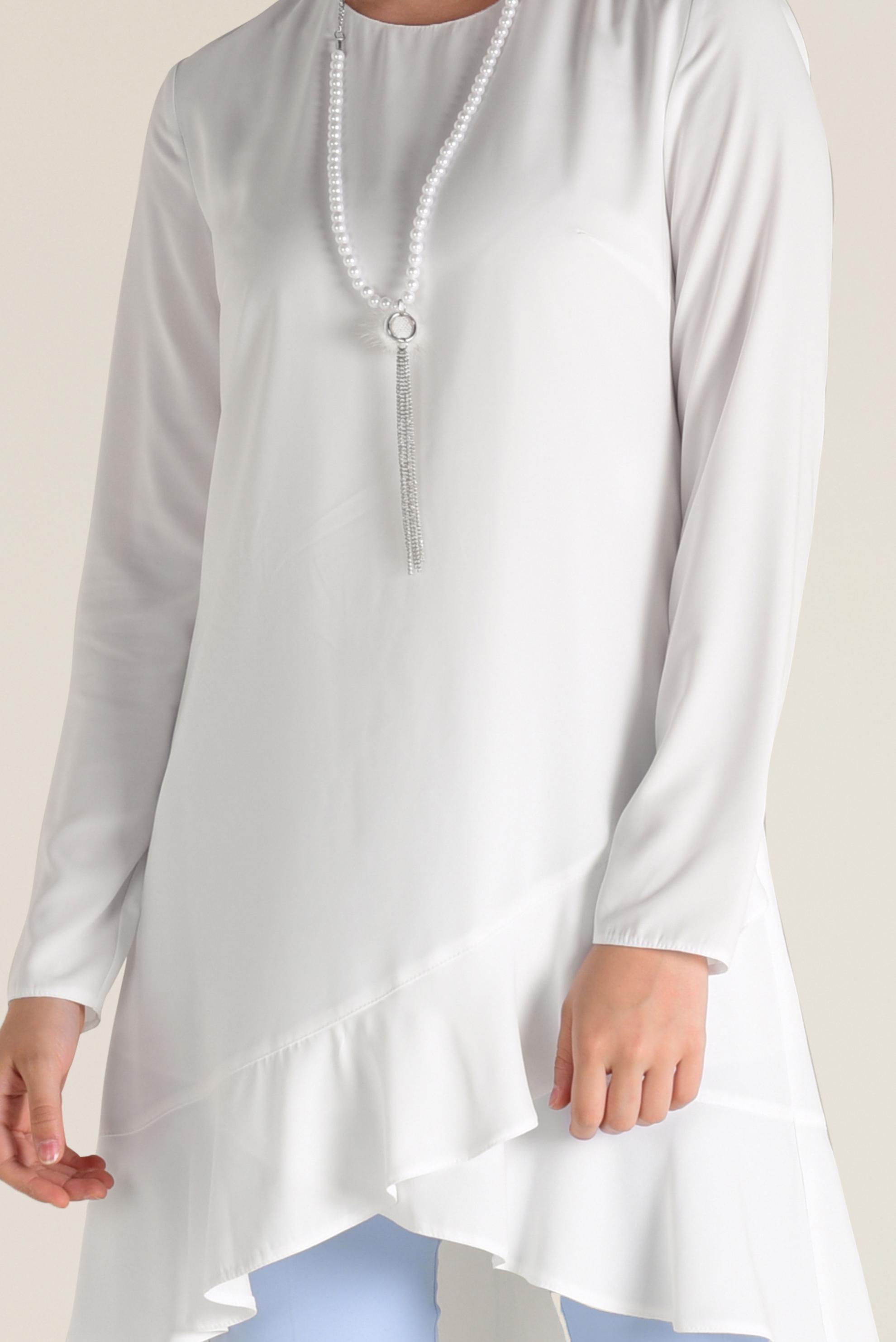 Tesettür giyim BEYAZ ETEK UCU VOLANLI ARKADAN FERMUARLI TUNİK 4635