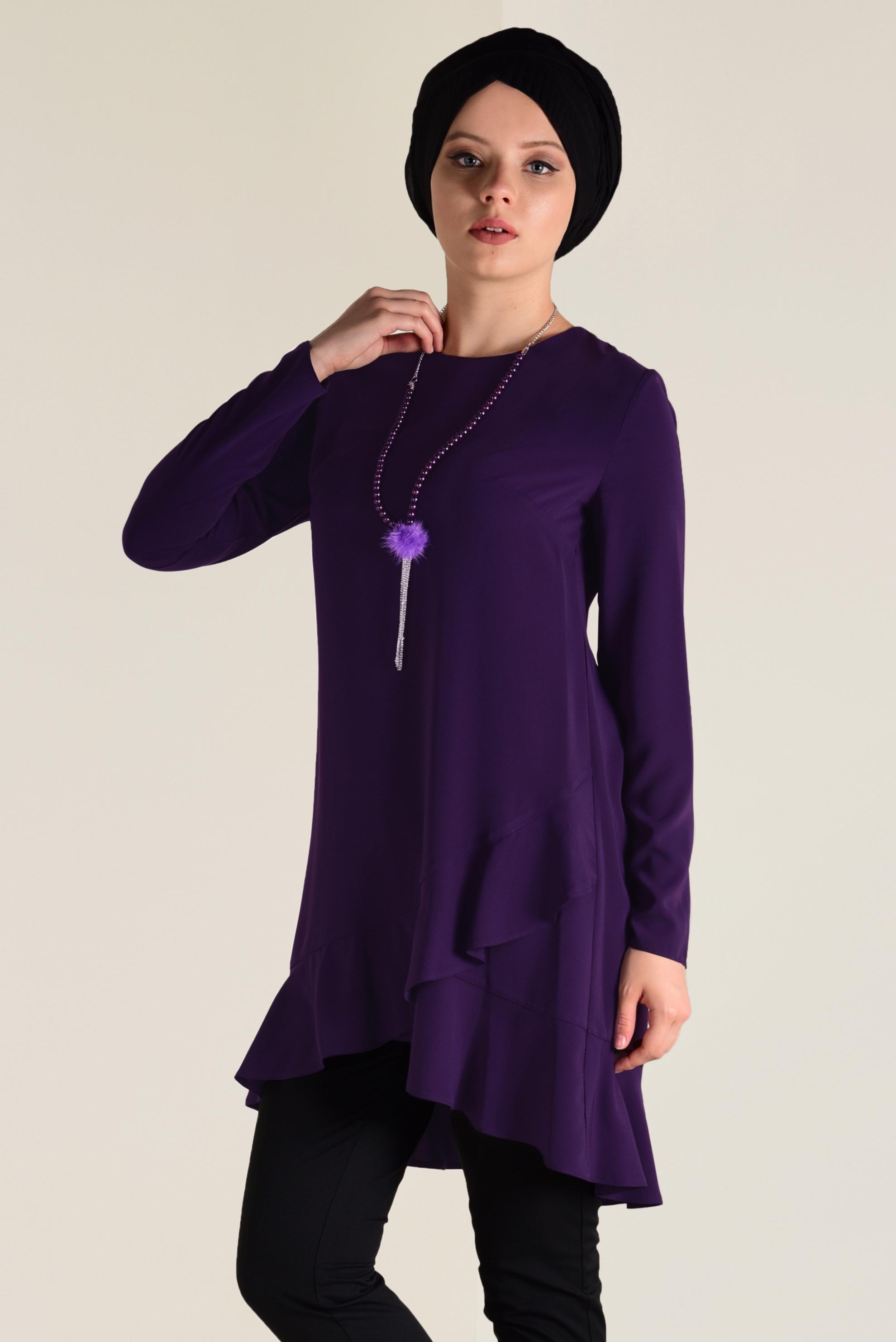 Tesettür giyim MOR ETEK UCU VOLANLI ARKADAN FERMUARLI TUNİK 4635