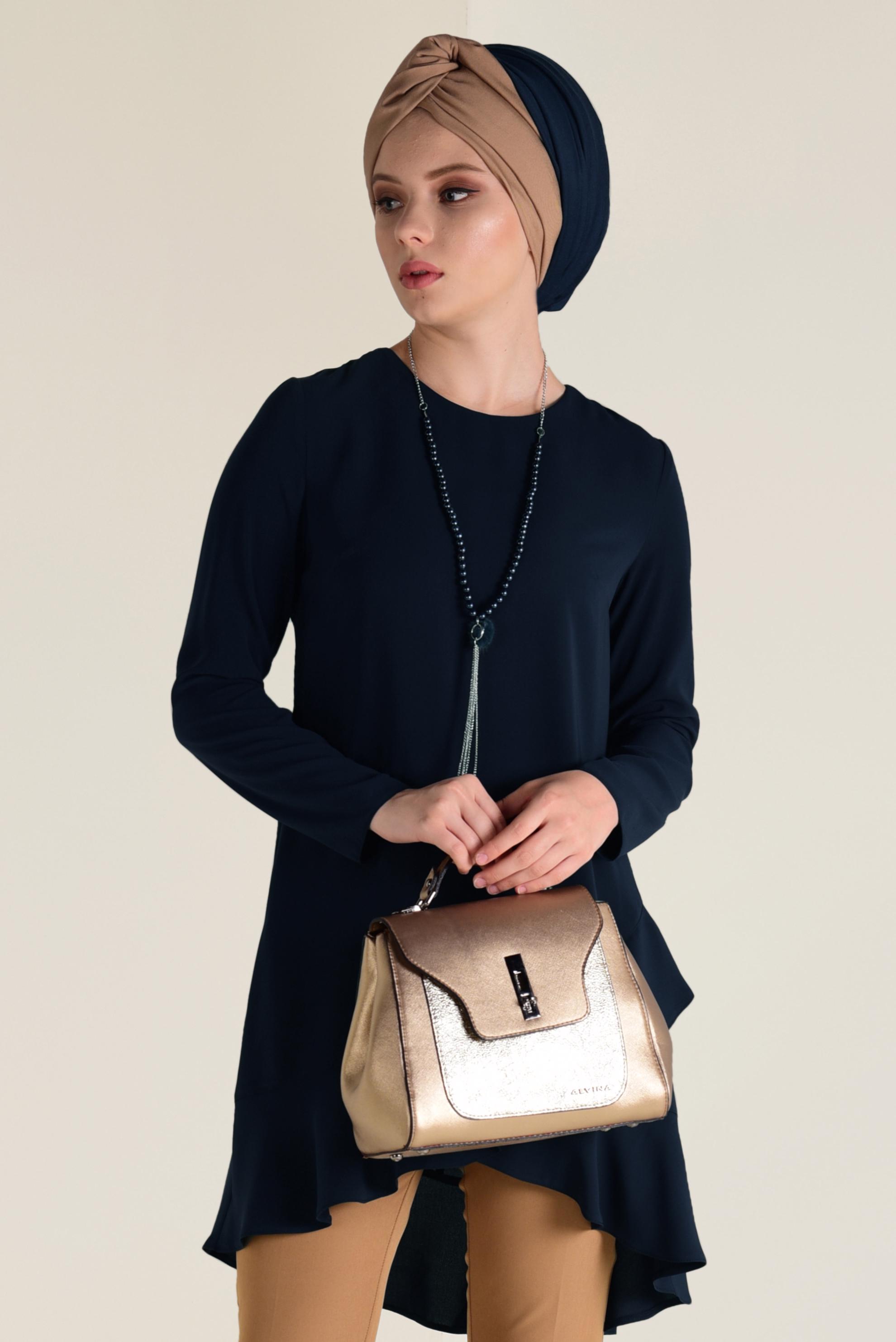 Tesettür giyim LACİVERT ETEK UCU VOLANLI ARKADAN FERMUARLI TUNİK 4635