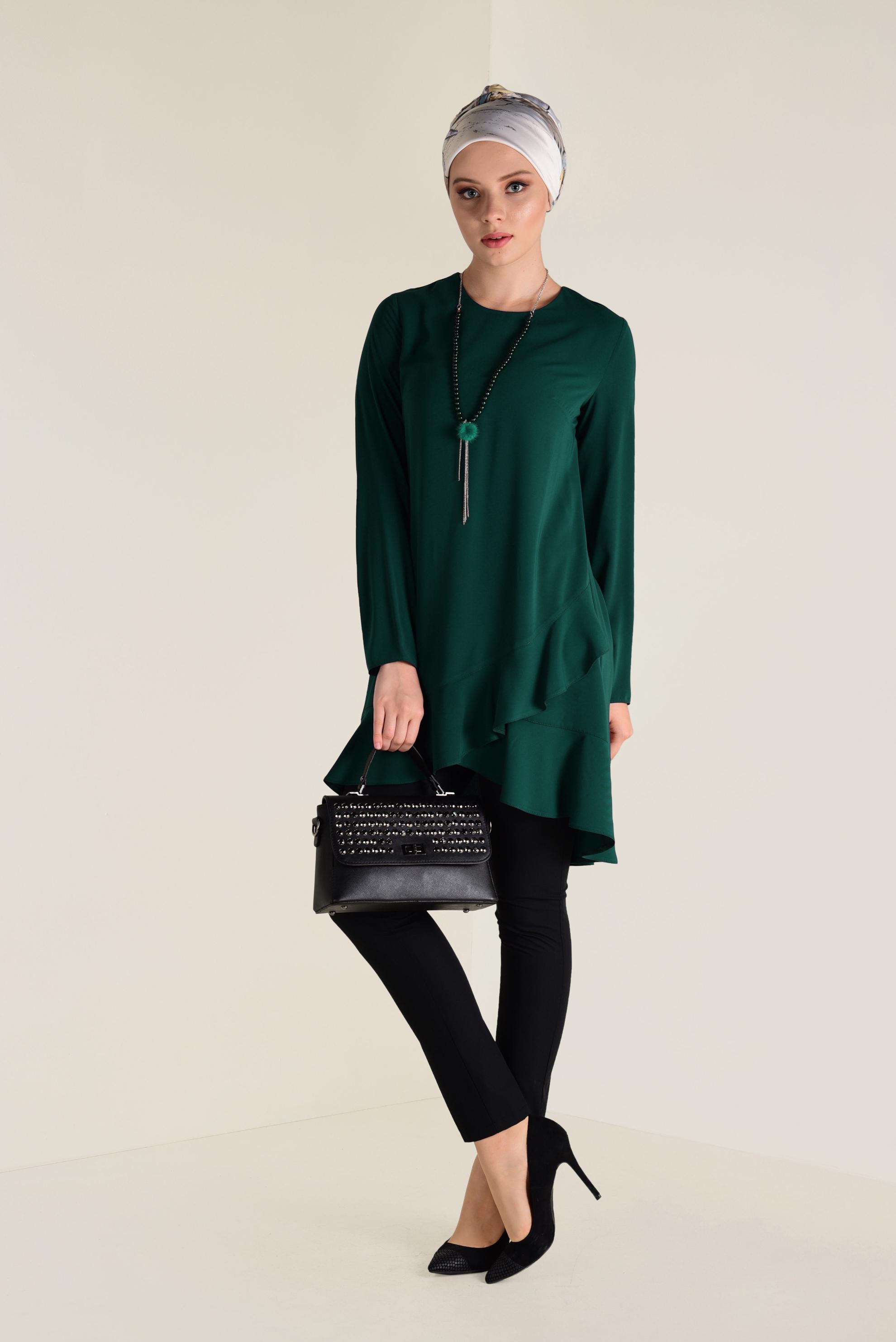 Tesettür giyim YEŞİL ETEK UCU VOLANLI ARKADAN FERMUARLI TUNİK 4635