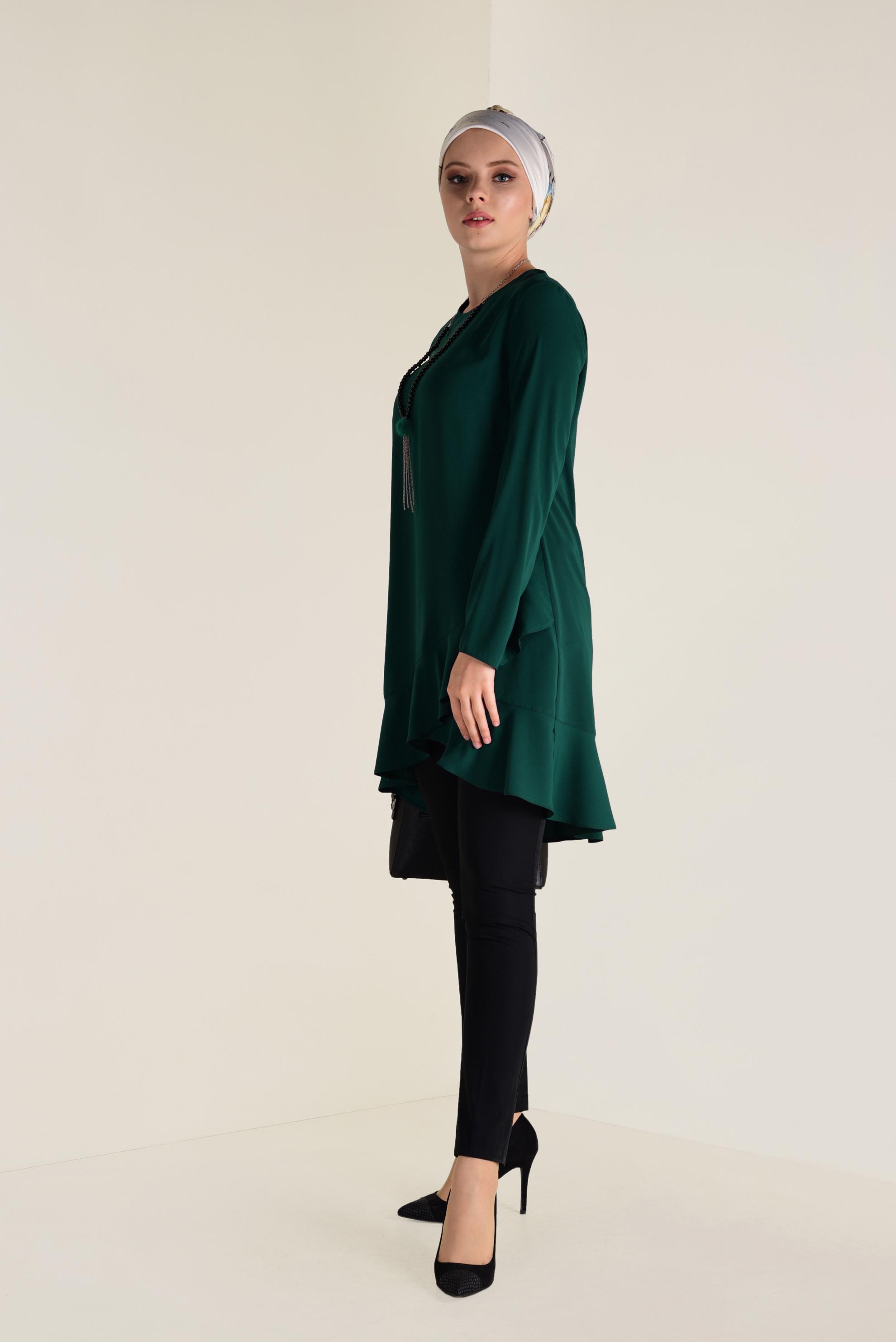Tesettür giyim YEŞİL ETEK UCU VOLANLI ARKADAN FERMUARLI TUNİK 4635