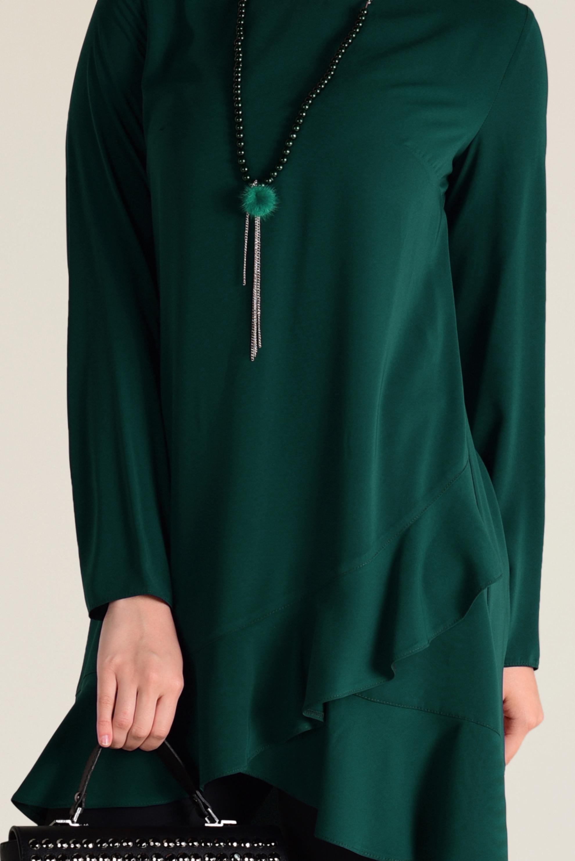 Tesettür giyim YEŞİL ETEK UCU VOLANLI ARKADAN FERMUARLI TUNİK 4635