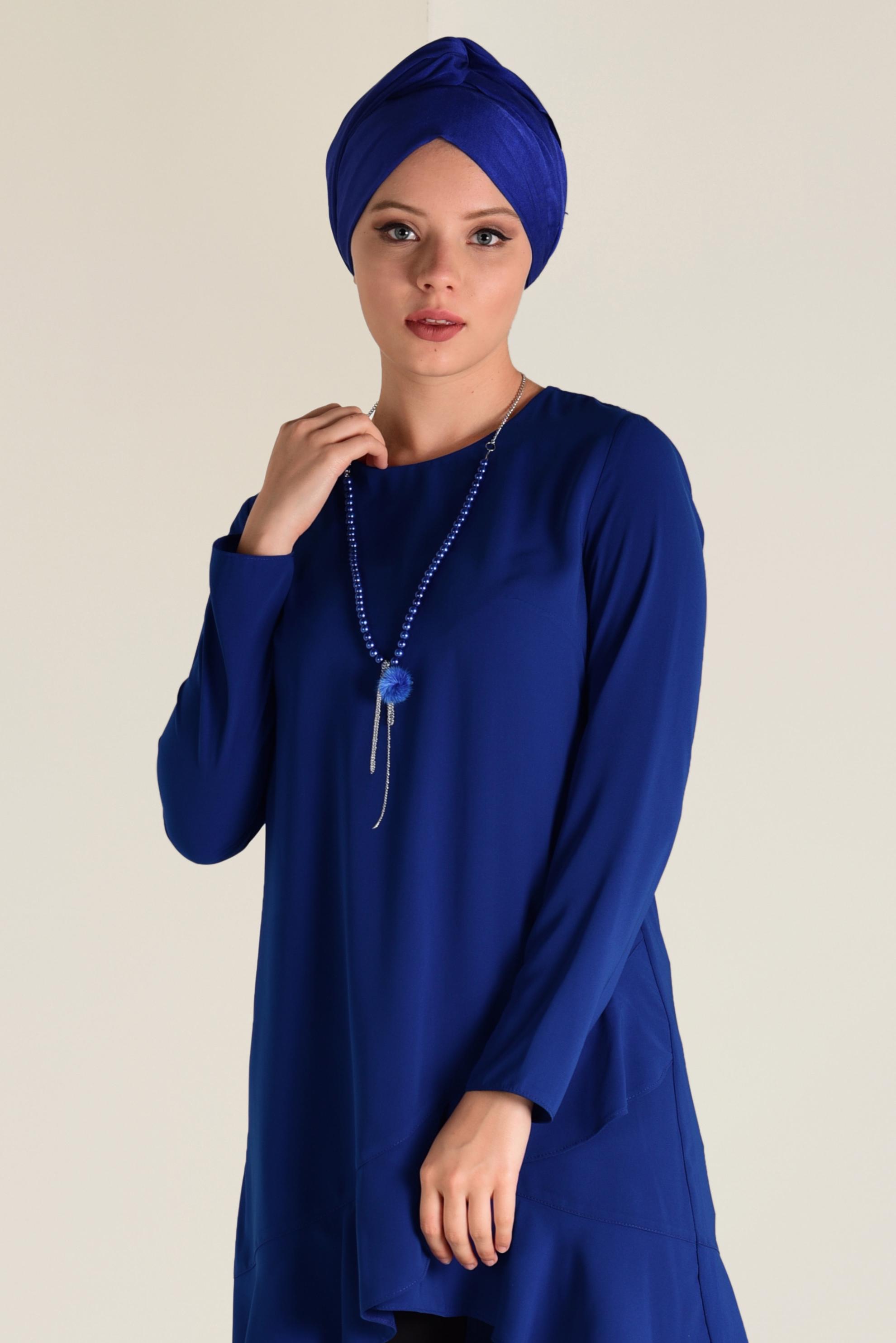 Tesettür giyim MAVİ ETEK UCU VOLANLI ARKADAN FERMUARLI TUNİK 4635