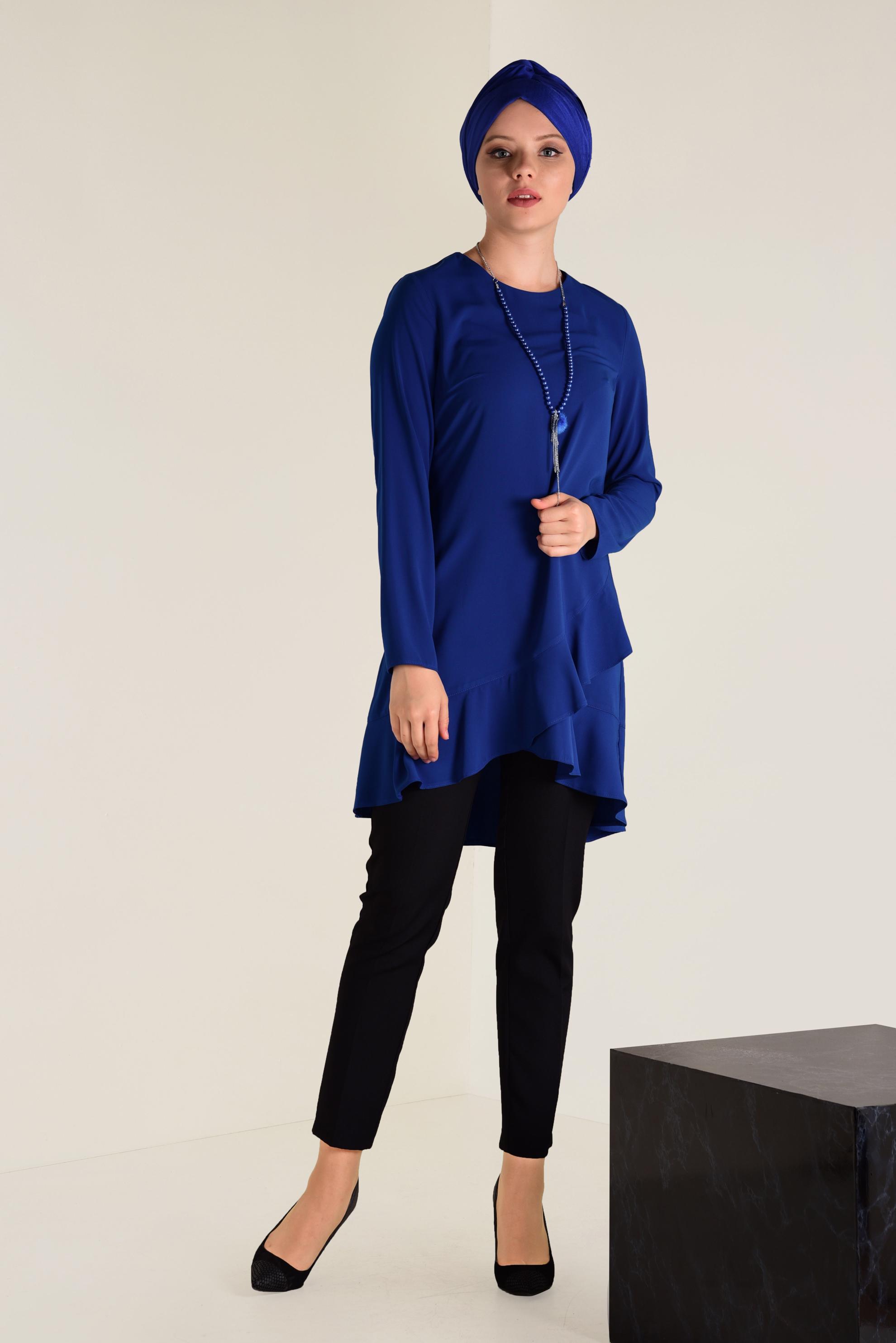Tesettür giyim MAVİ ETEK UCU VOLANLI ARKADAN FERMUARLI TUNİK 4635