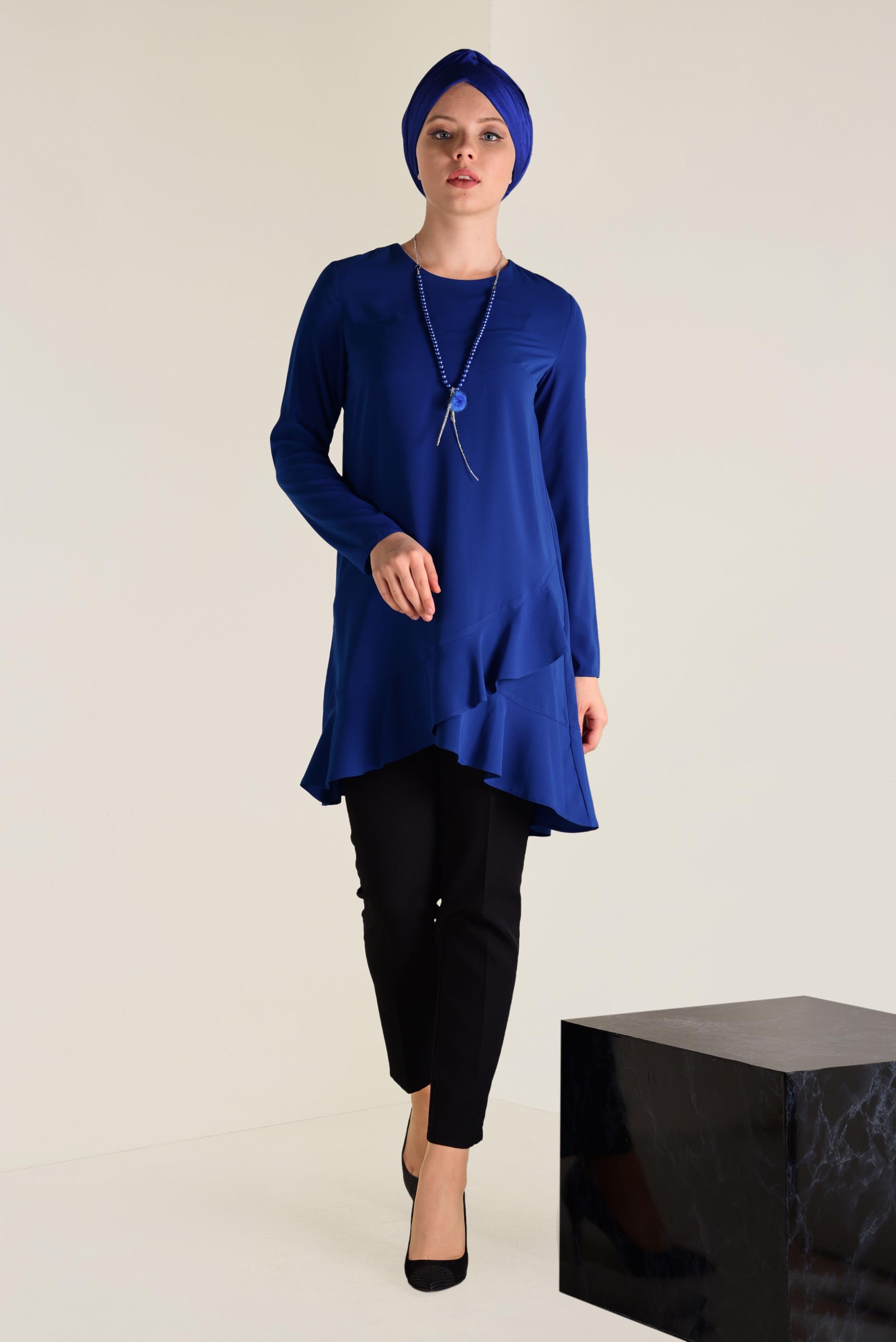 Tesettür giyim MAVİ ETEK UCU VOLANLI ARKADAN FERMUARLI TUNİK 4635
