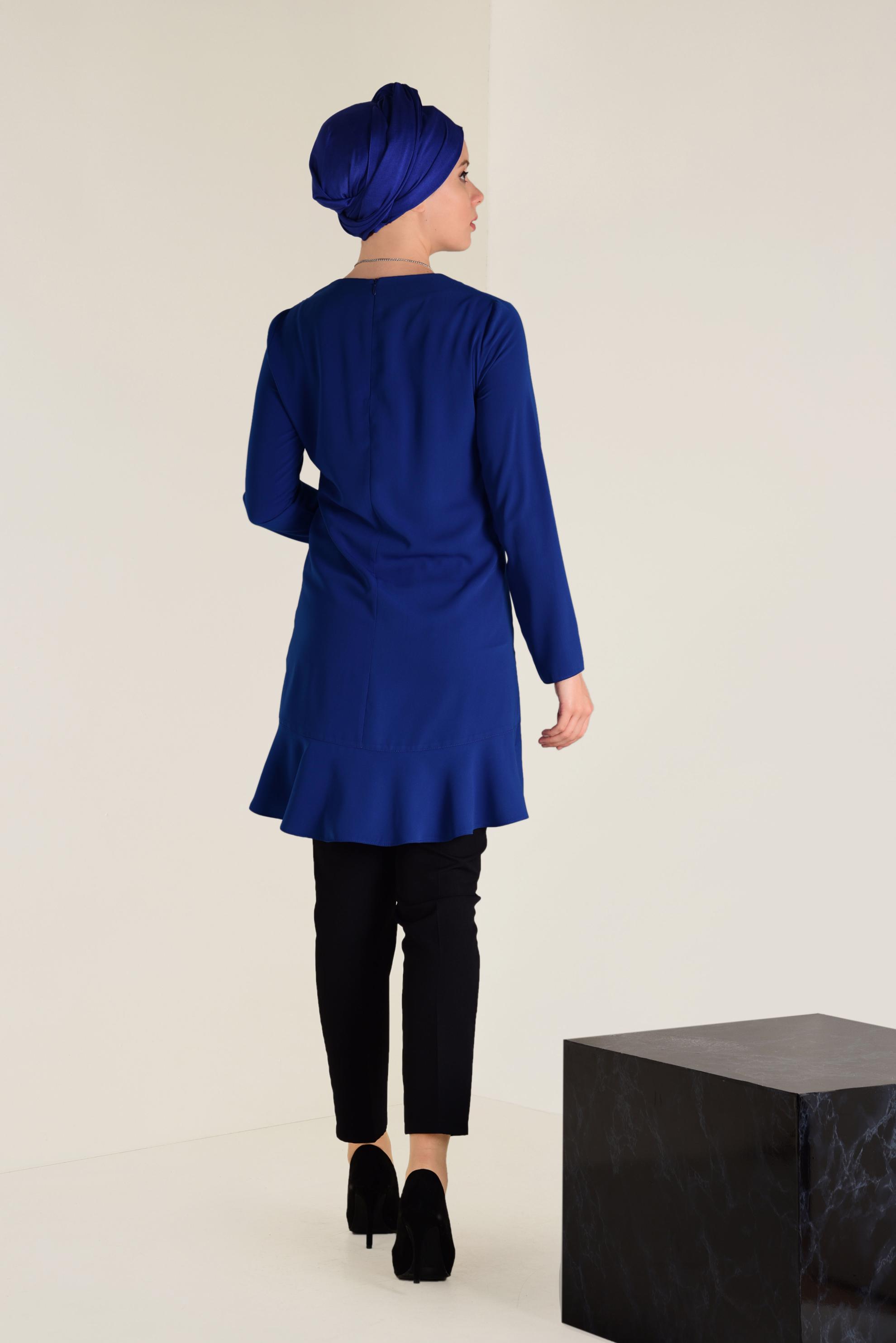 Tesettür giyim MAVİ ETEK UCU VOLANLI ARKADAN FERMUARLI TUNİK 4635