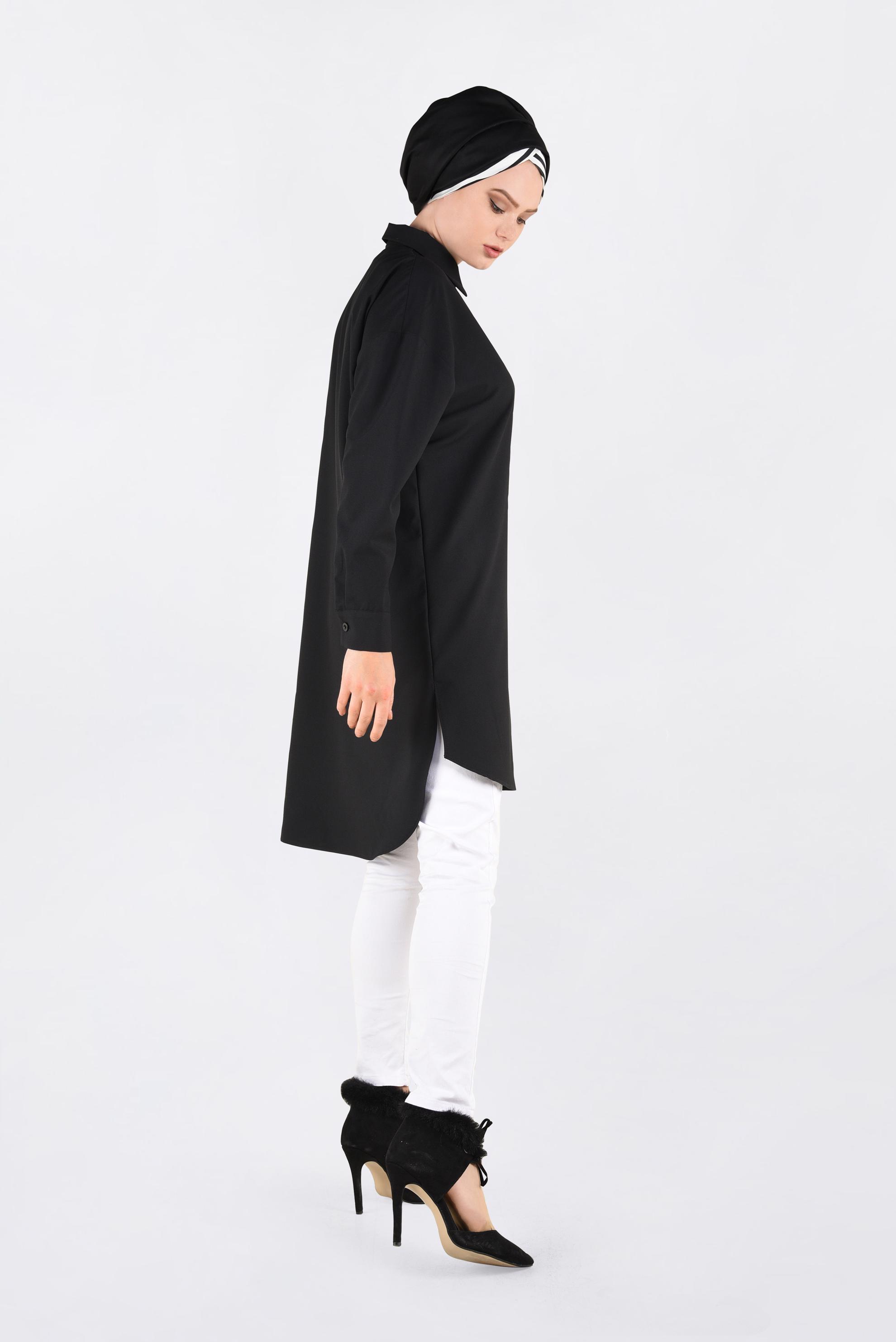 Tesettür giyim SİYAH ÖNDEN YARIM DÜĞMELİ TUNİK 4705