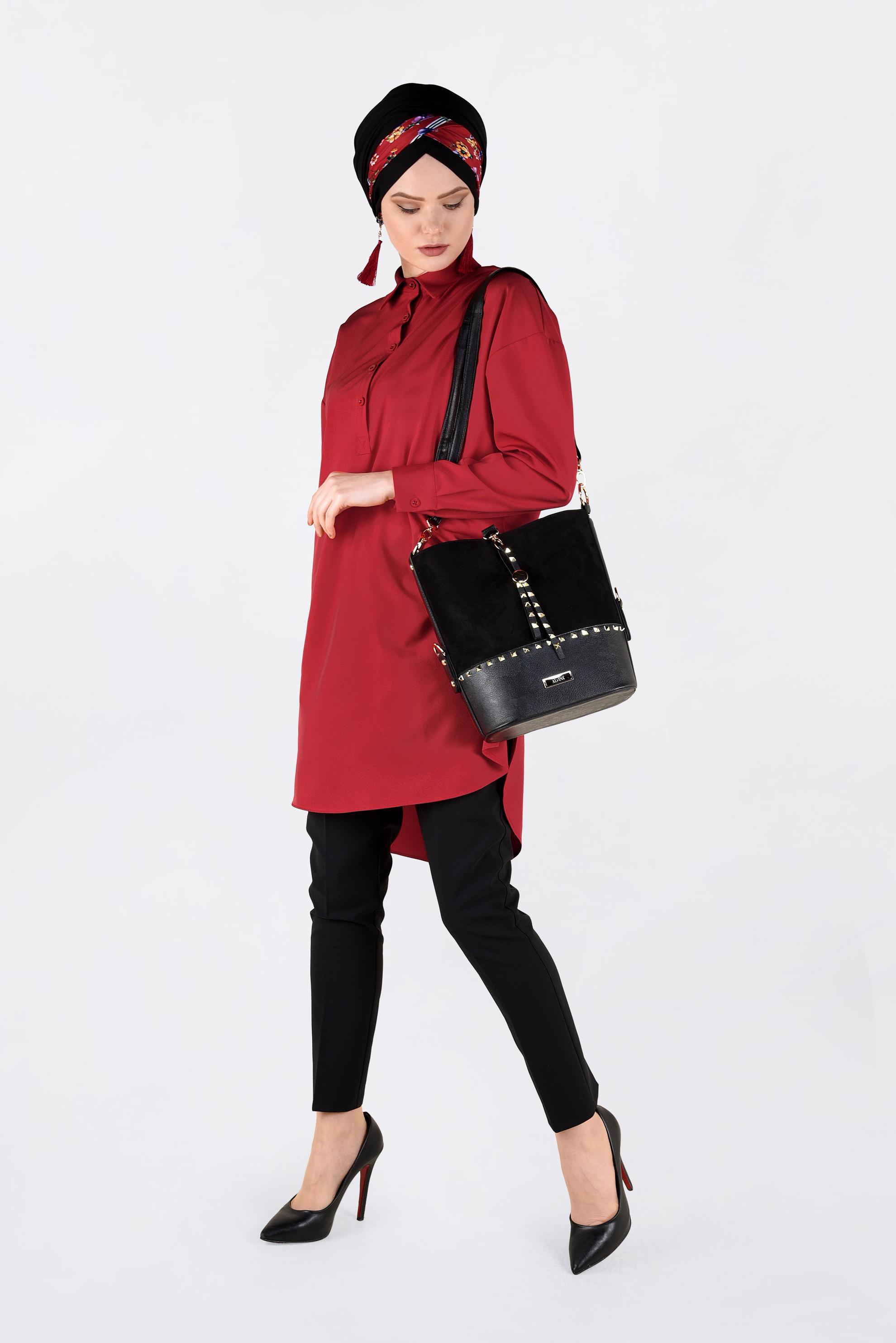 Tesettür giyim KIRMIZI ÖNDEN YARIM DÜĞMELİ TUNİK 4705