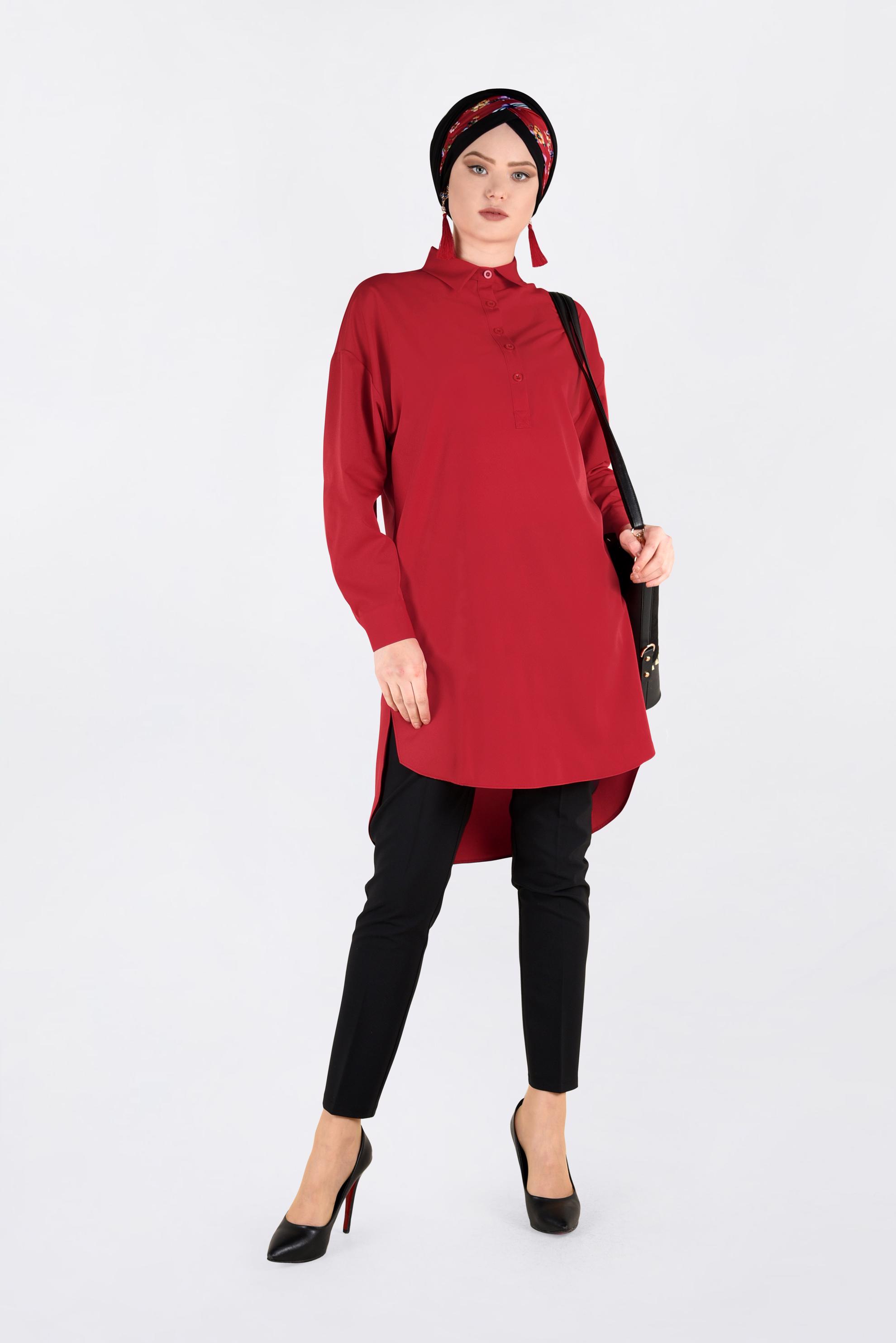 Tesettür giyim KIRMIZI ÖNDEN YARIM DÜĞMELİ TUNİK 4705