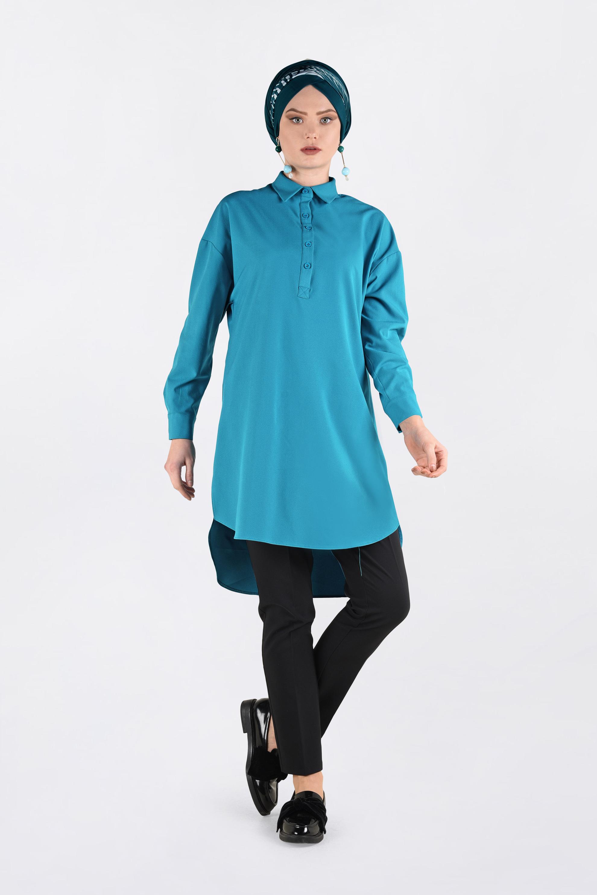 Tesettür giyim MAVİ ÖNDEN YARIM DÜĞMELİ TUNİK 4705