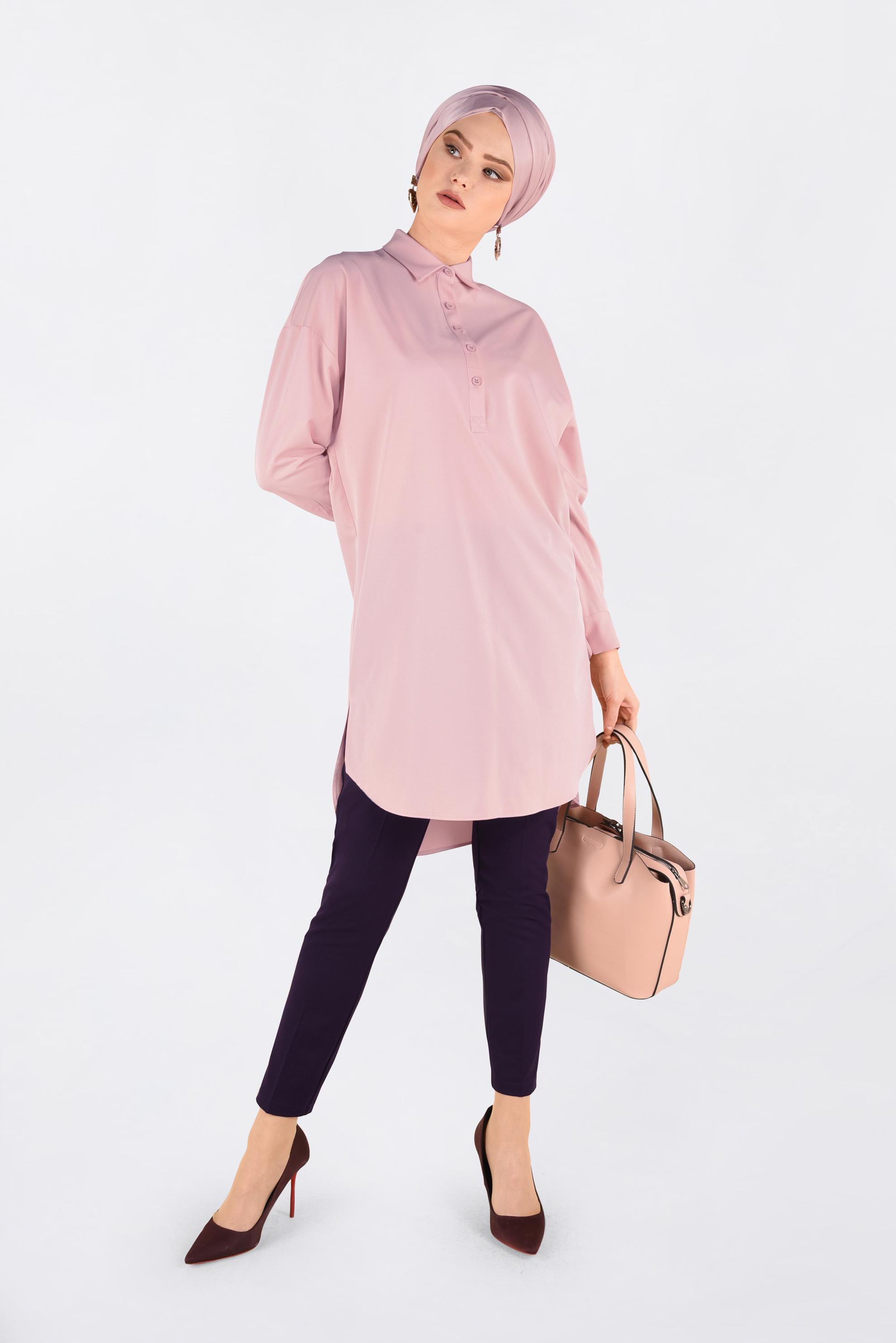 Tesettür giyim PUDRA ÖNDEN YARIM DÜĞMELİ TUNİK 4705