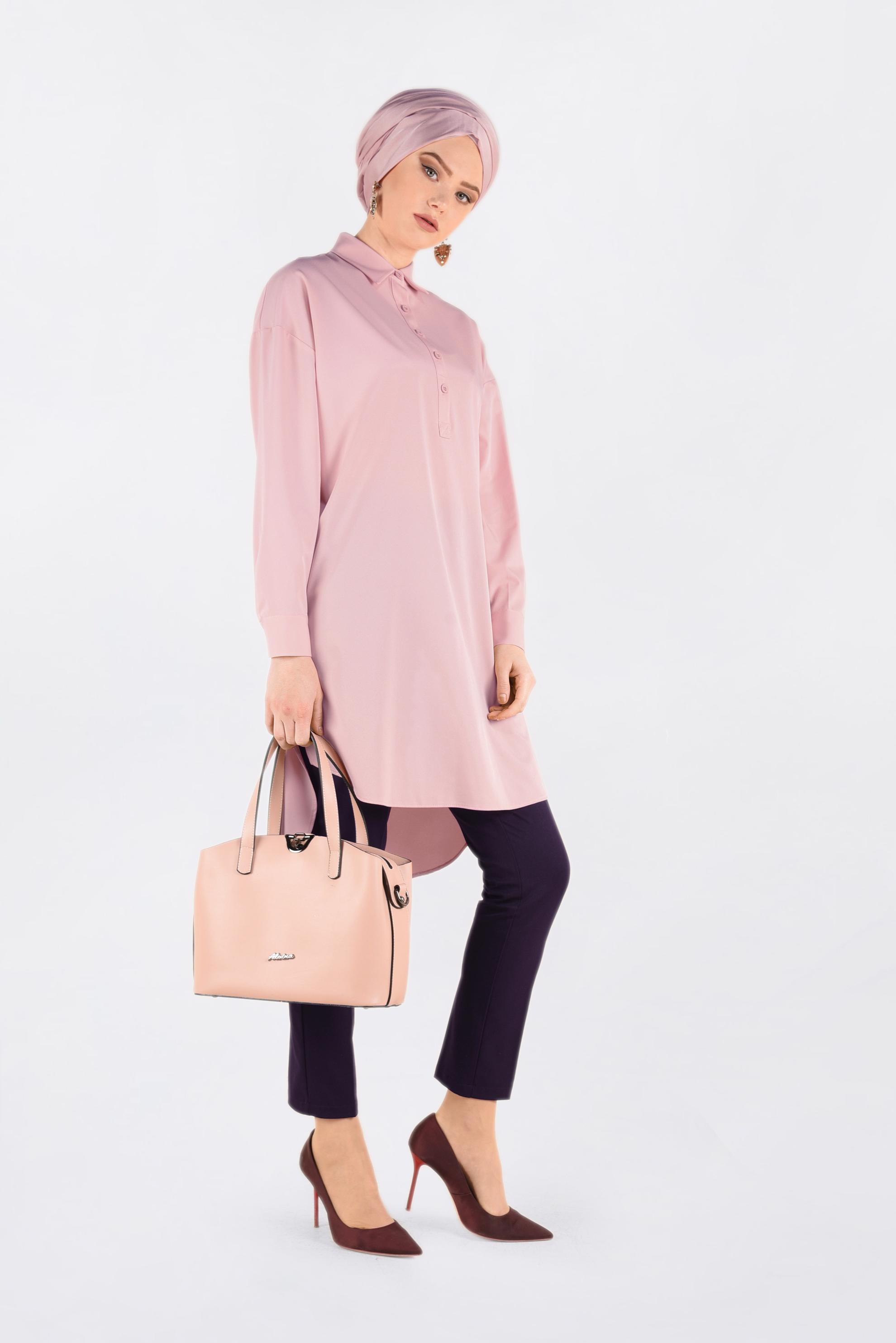 Tesettür giyim PUDRA ÖNDEN YARIM DÜĞMELİ TUNİK 4705
