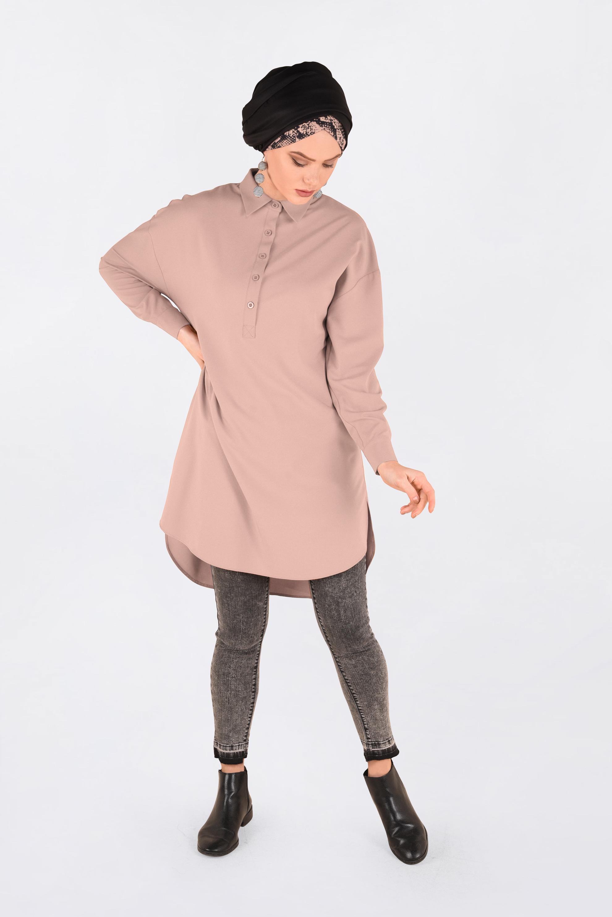 Tesettür giyim PUDRA ÖNDEN YARIM DÜĞMELİ TUNİK 4705