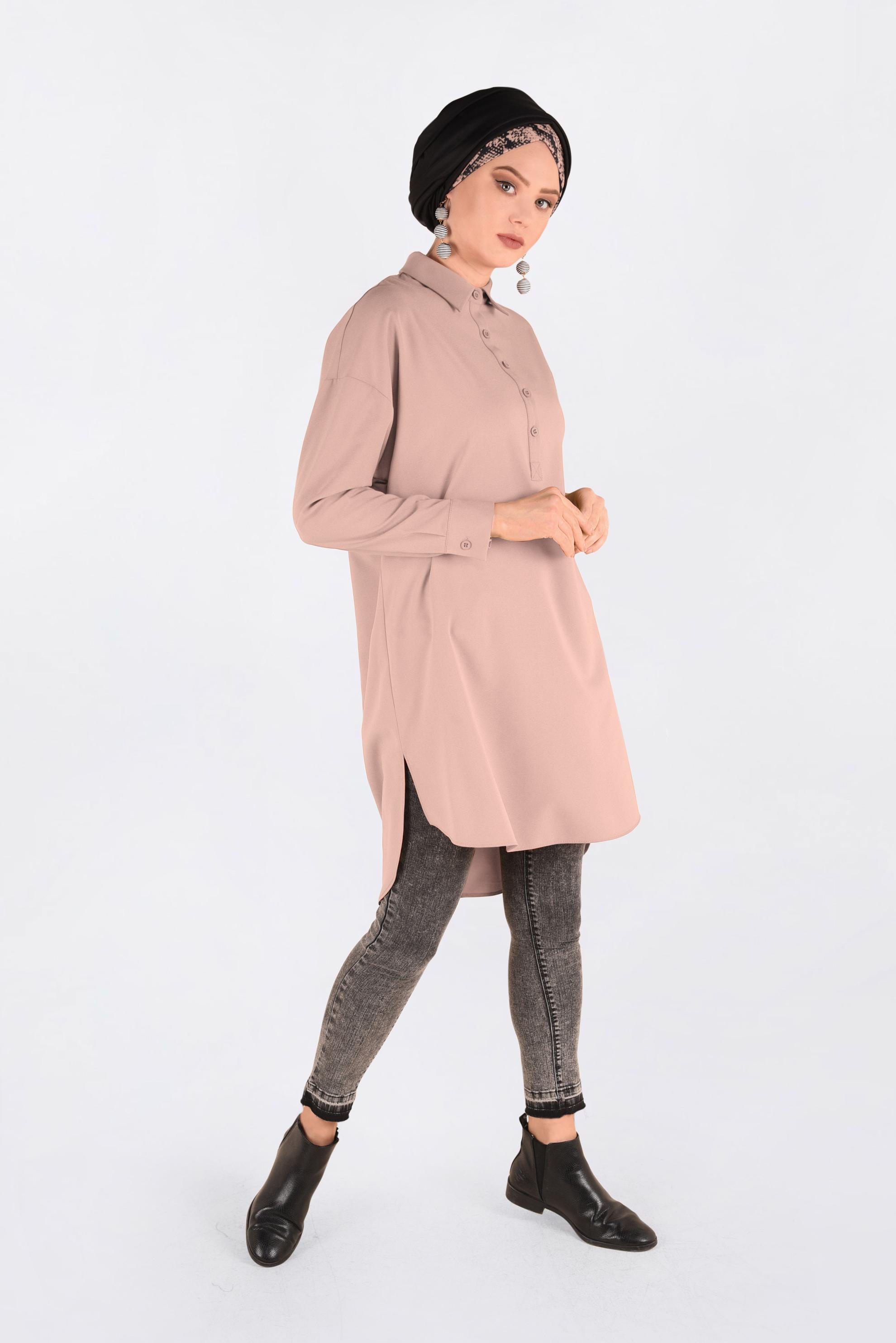 Tesettür giyim PUDRA ÖNDEN YARIM DÜĞMELİ TUNİK 4705