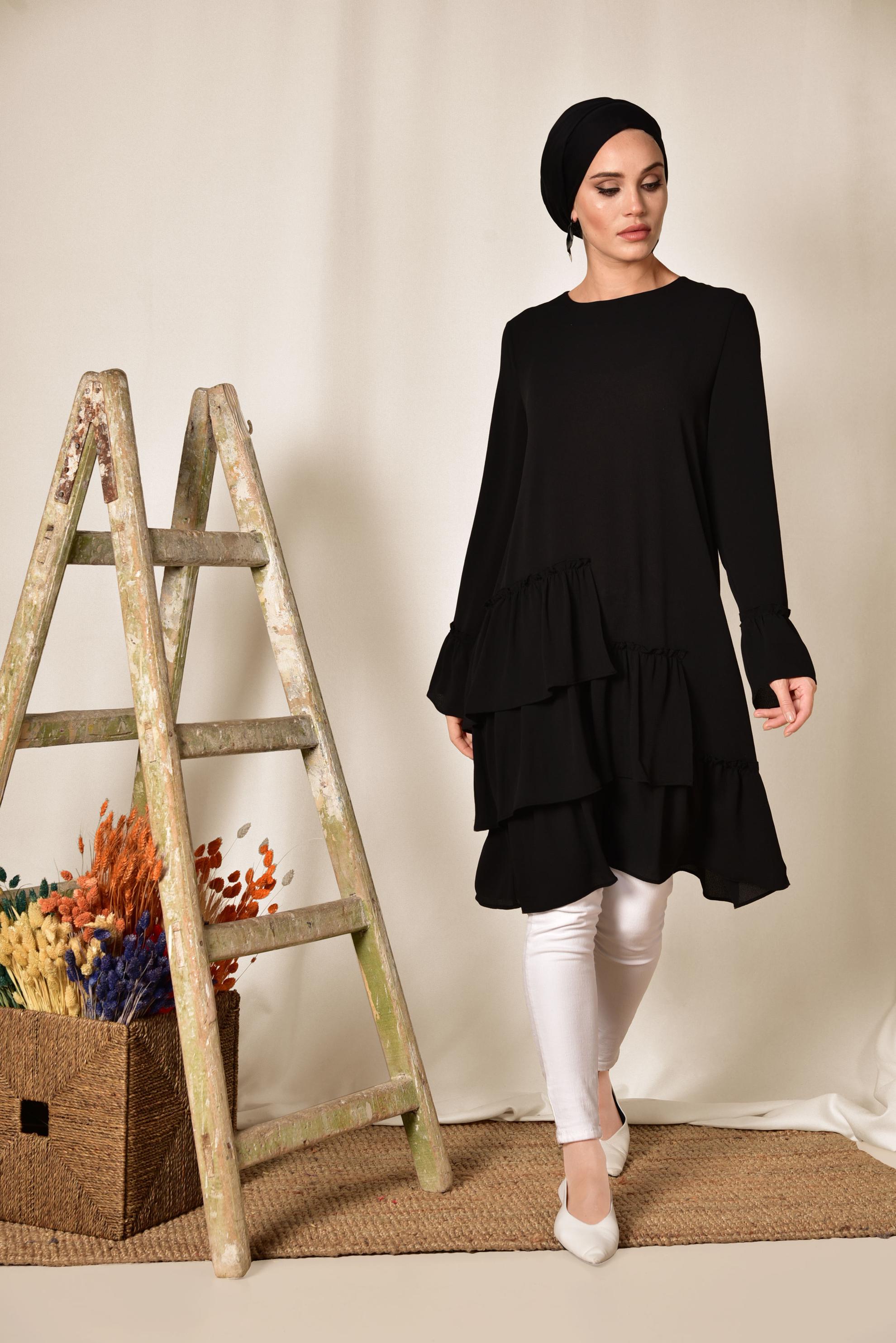 Tesettür giyim SİYAH ETEK UCU FIRFIRLI TUNİK 4850