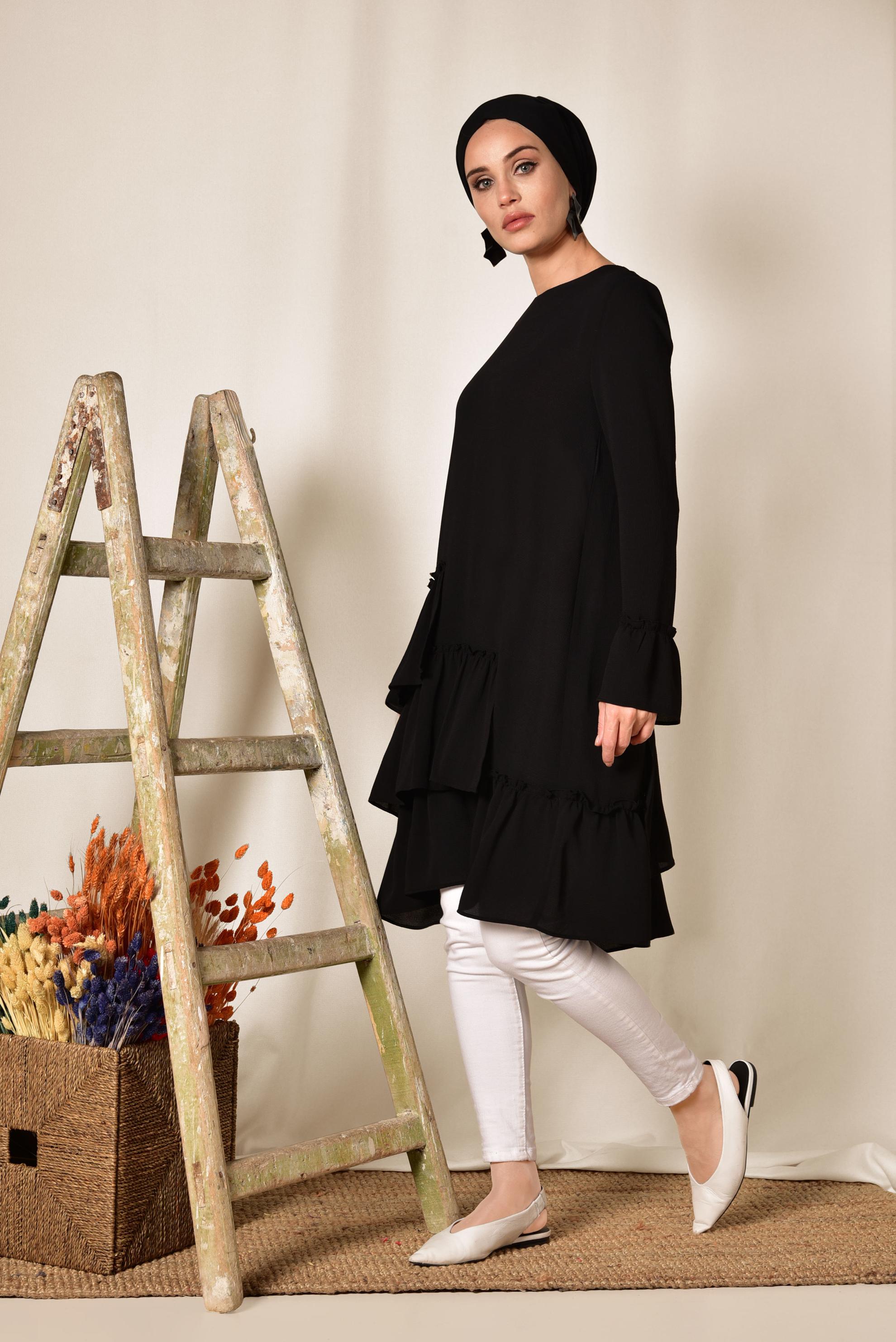 Tesettür giyim SİYAH ETEK UCU FIRFIRLI TUNİK 4850