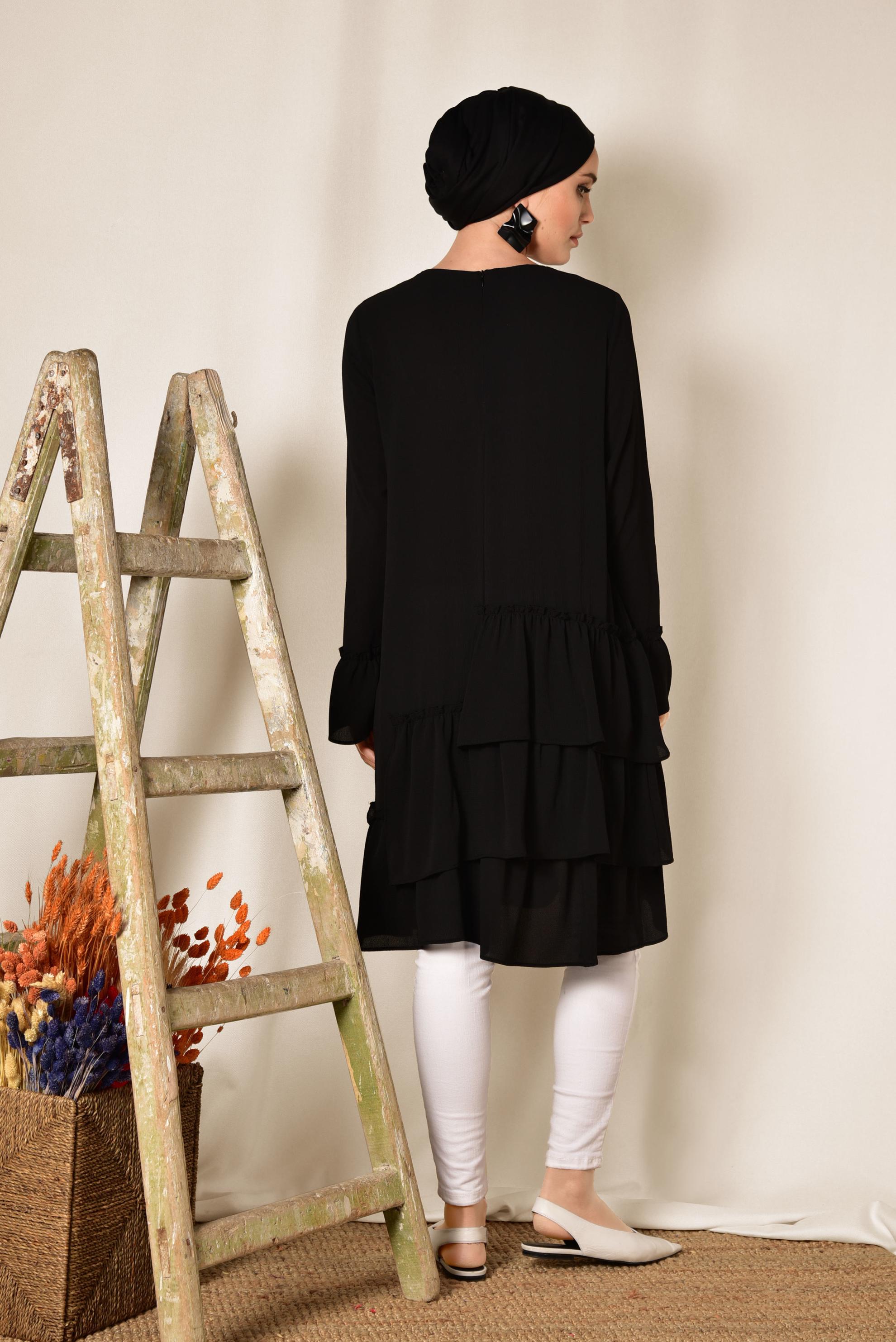 Tesettür giyim SİYAH ETEK UCU FIRFIRLI TUNİK 4850