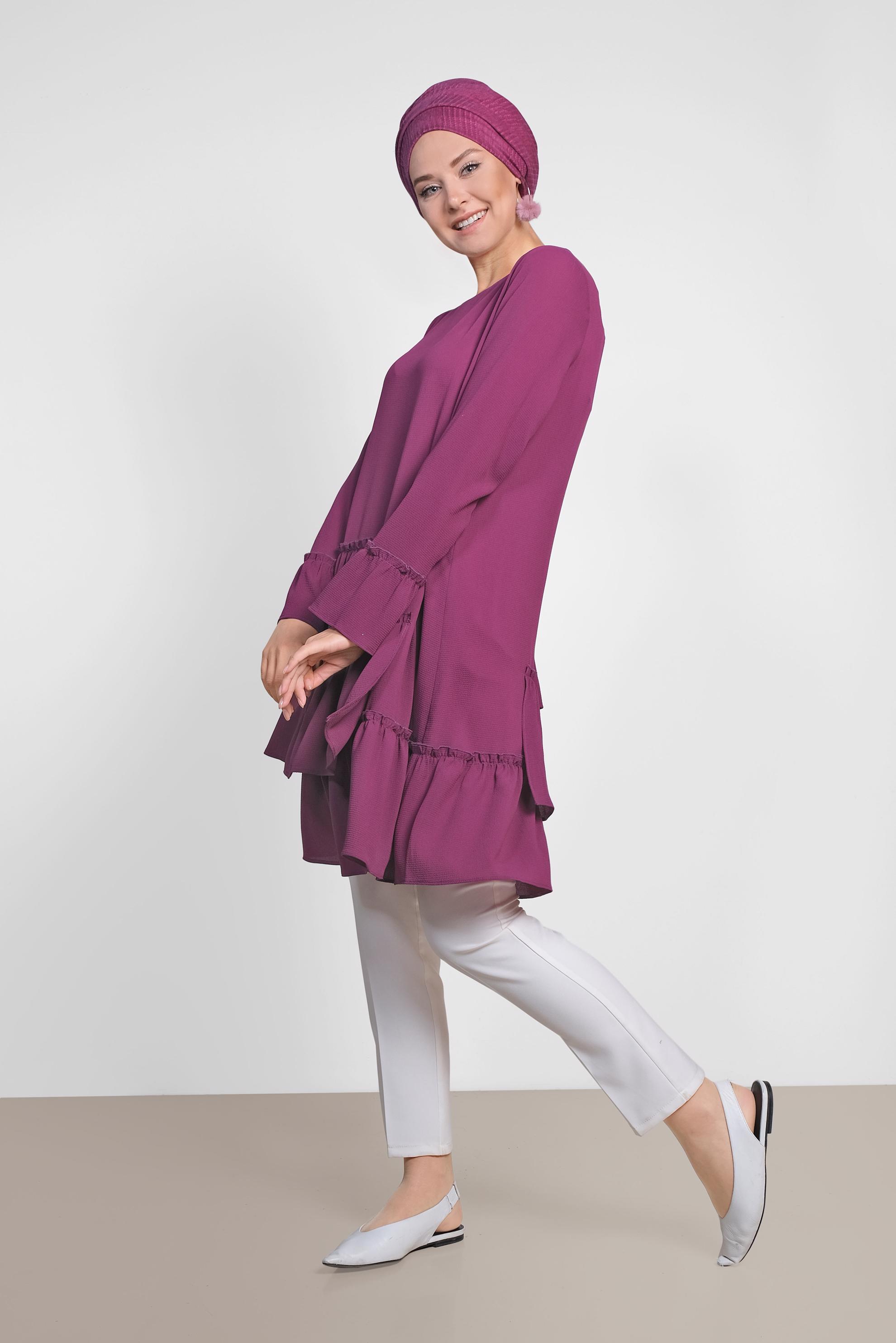 Tesettür giyim FUŞYA ETEK UCU FIRFIRLI TUNİK 4850