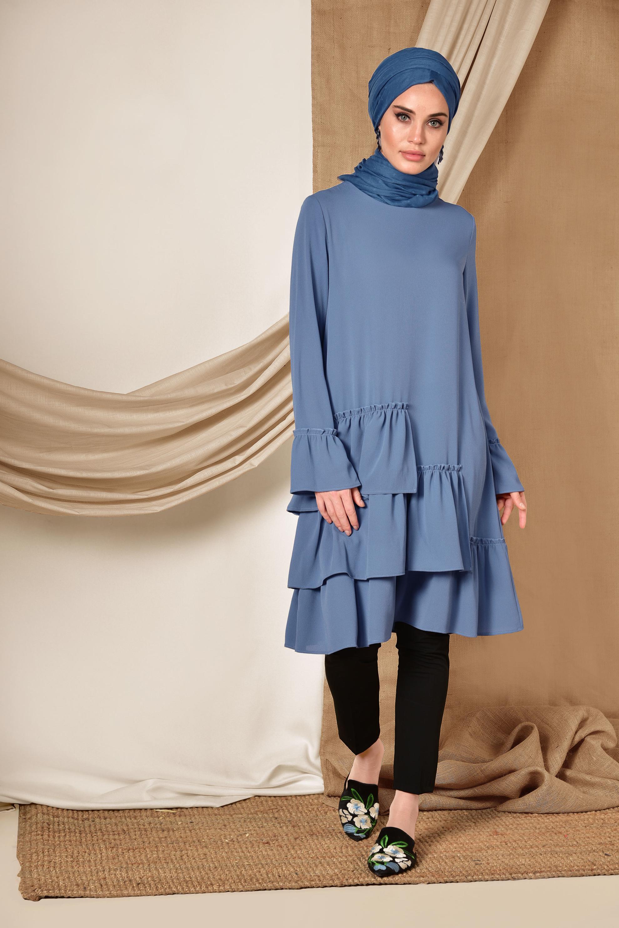 Tesettür giyim LACİVERT ETEK UCU FIRFIRLI TUNİK 4850