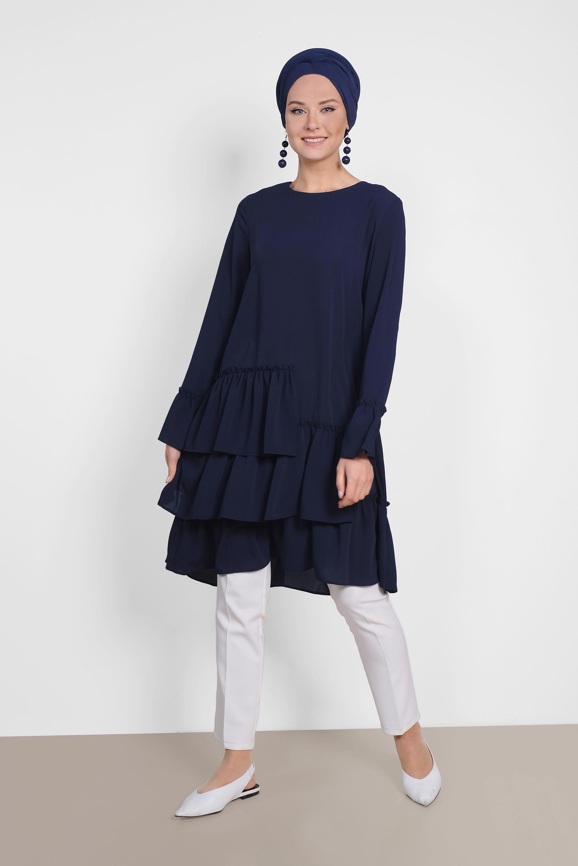 Tesettür giyim LACİVERT ETEK UCU FIRFIRLI TUNİK 4850