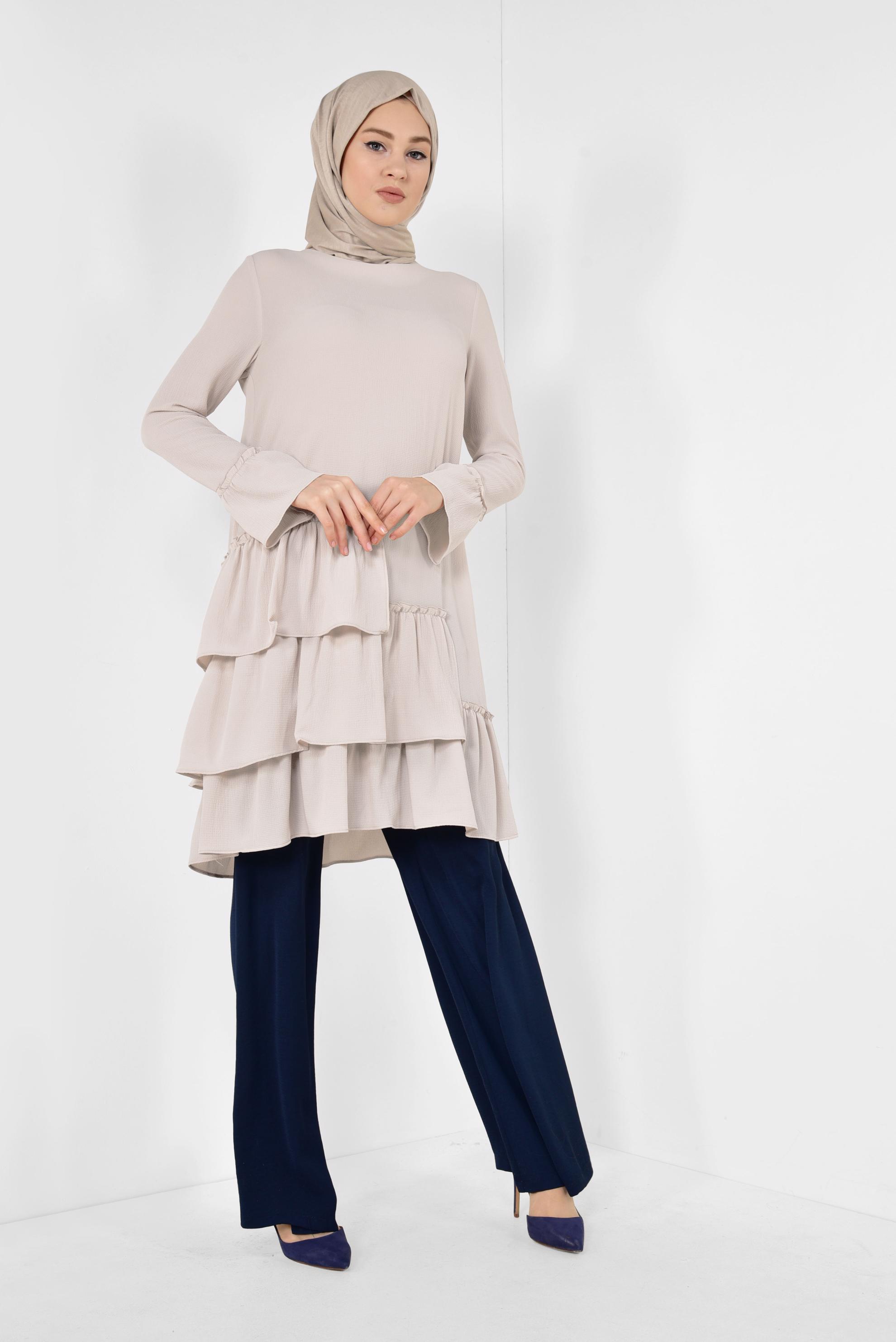 Tesettür giyim EKRU ETEK UCU FIRFIRLI TUNİK 4850