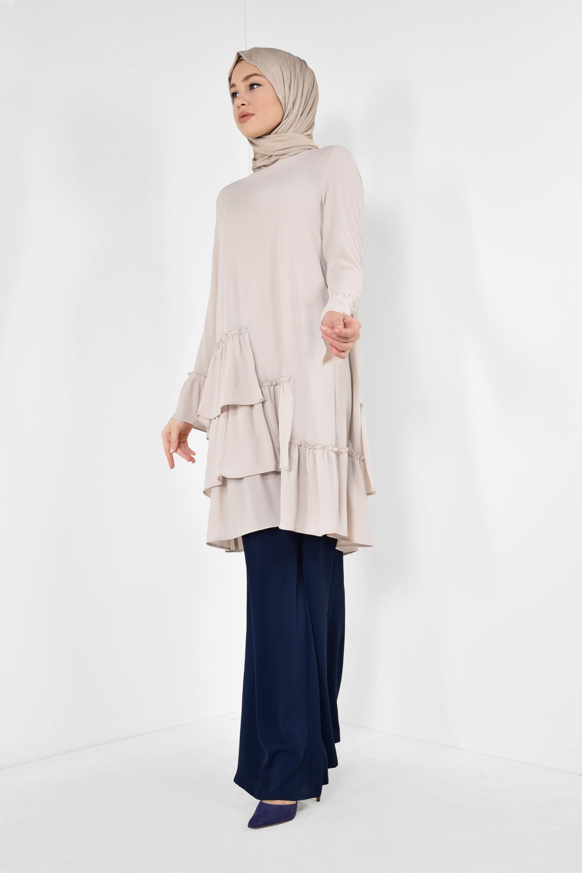 Tesettür giyim EKRU ETEK UCU FIRFIRLI TUNİK 4850