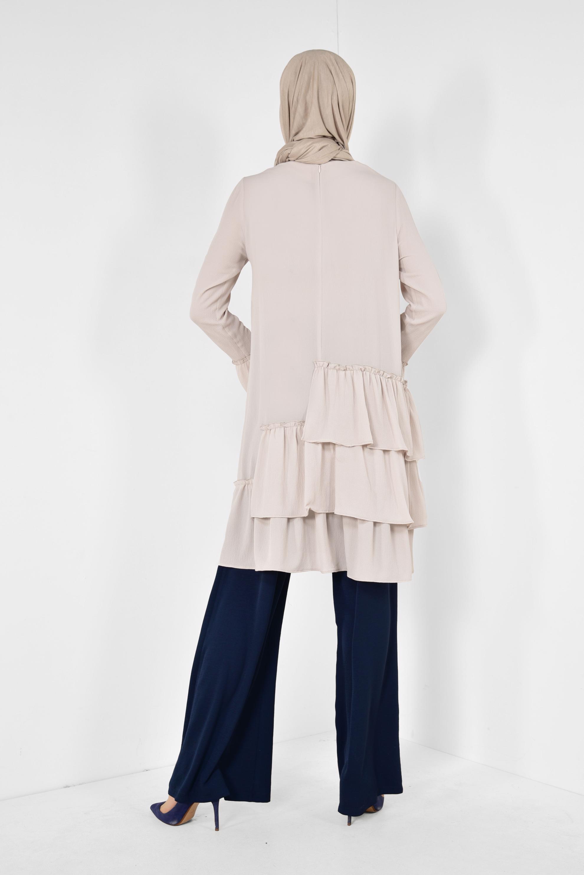 Tesettür giyim EKRU ETEK UCU FIRFIRLI TUNİK 4850