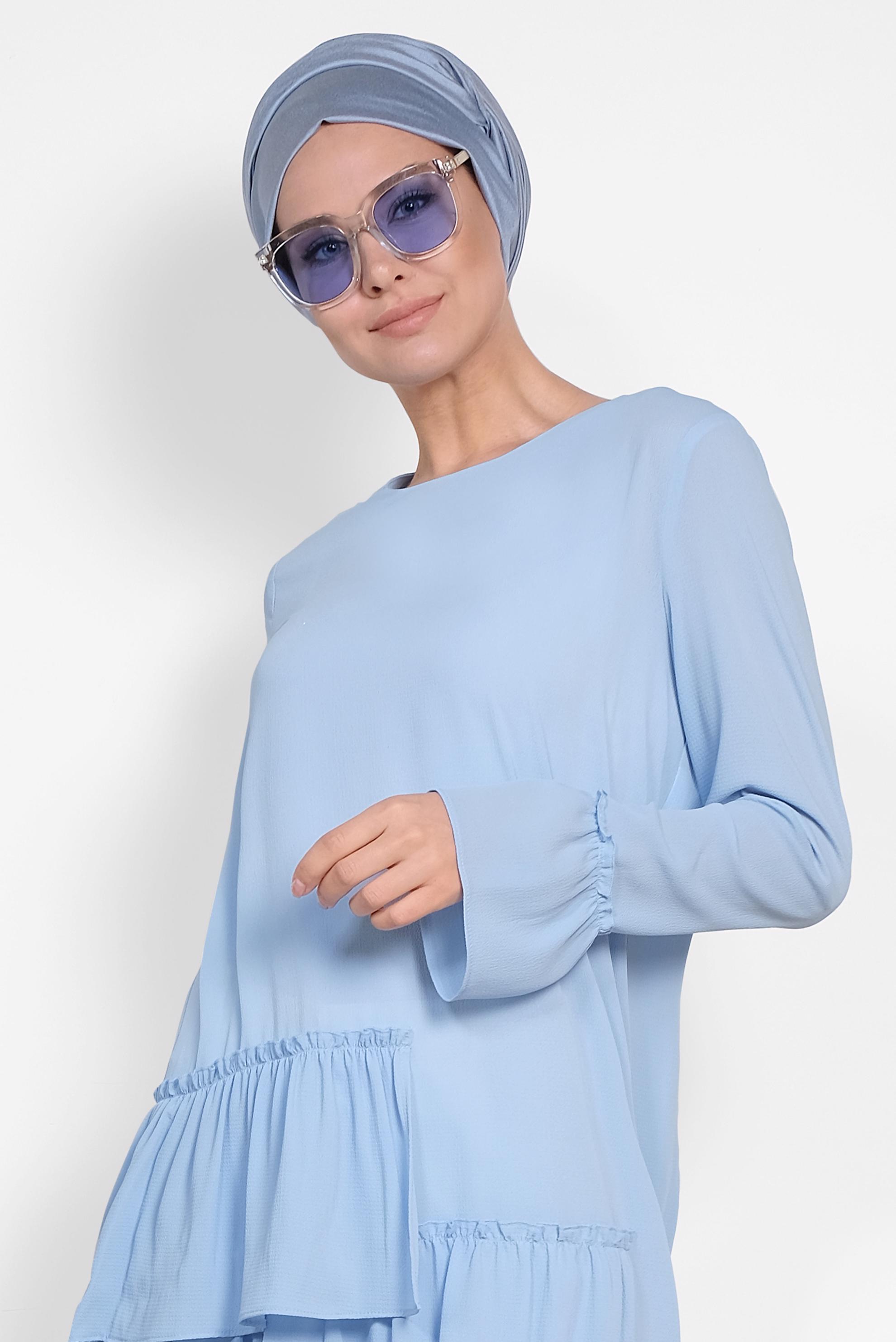 Tesettür giyim MAVİ ETEK UCU FIRFIRLI TUNİK 4850