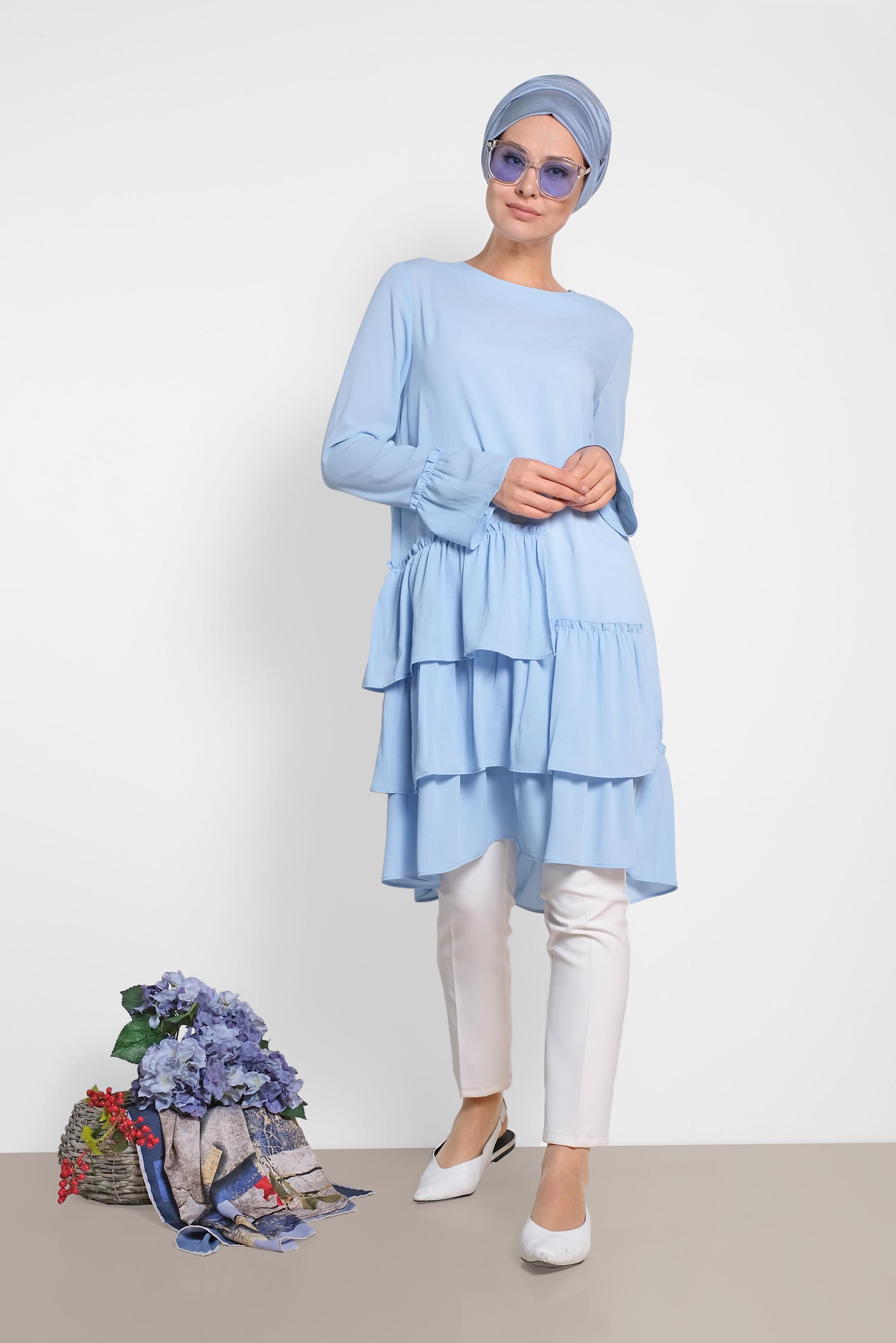 Tesettür giyim MAVİ ETEK UCU FIRFIRLI TUNİK 4850