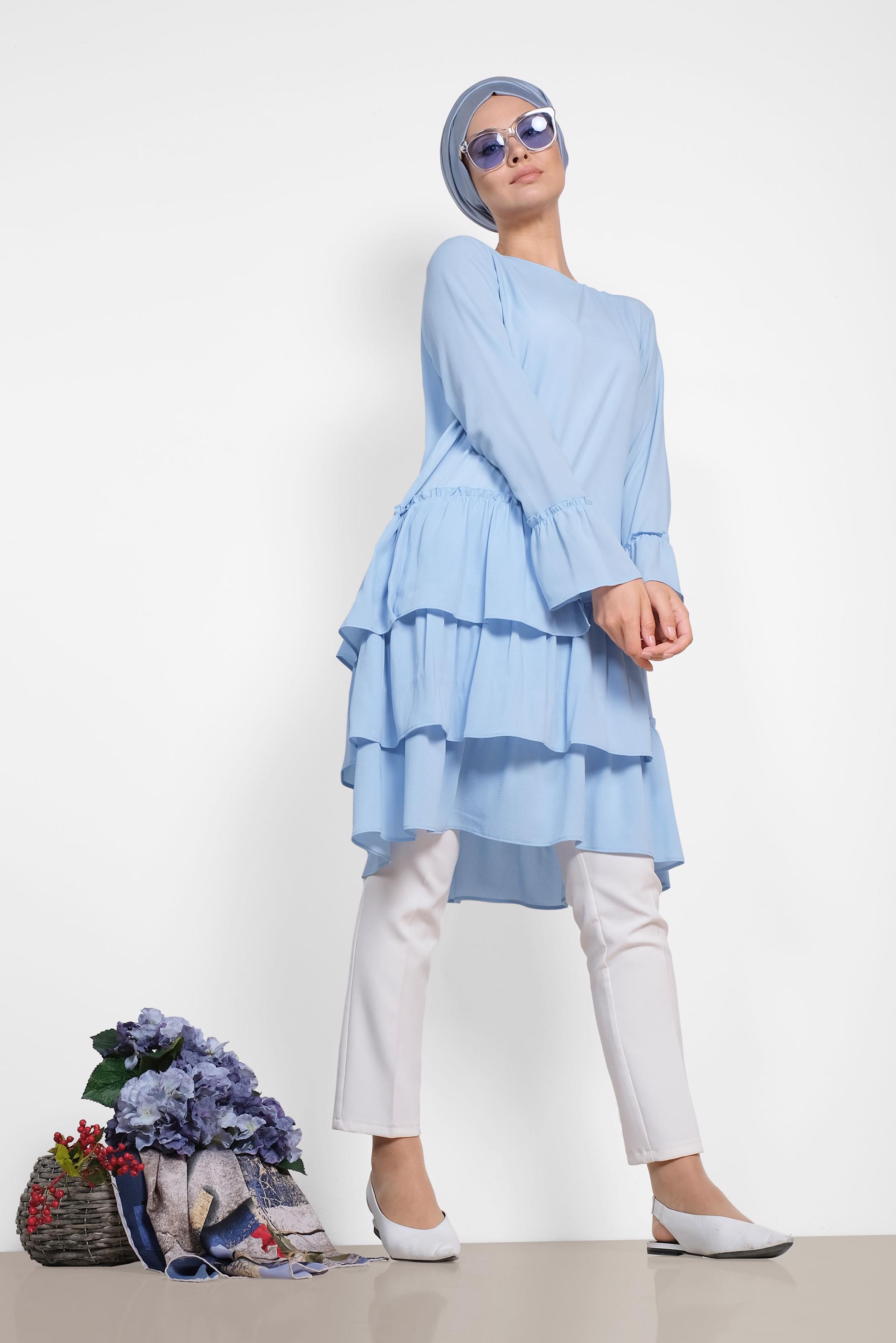 Tesettür giyim MAVİ ETEK UCU FIRFIRLI TUNİK 4850