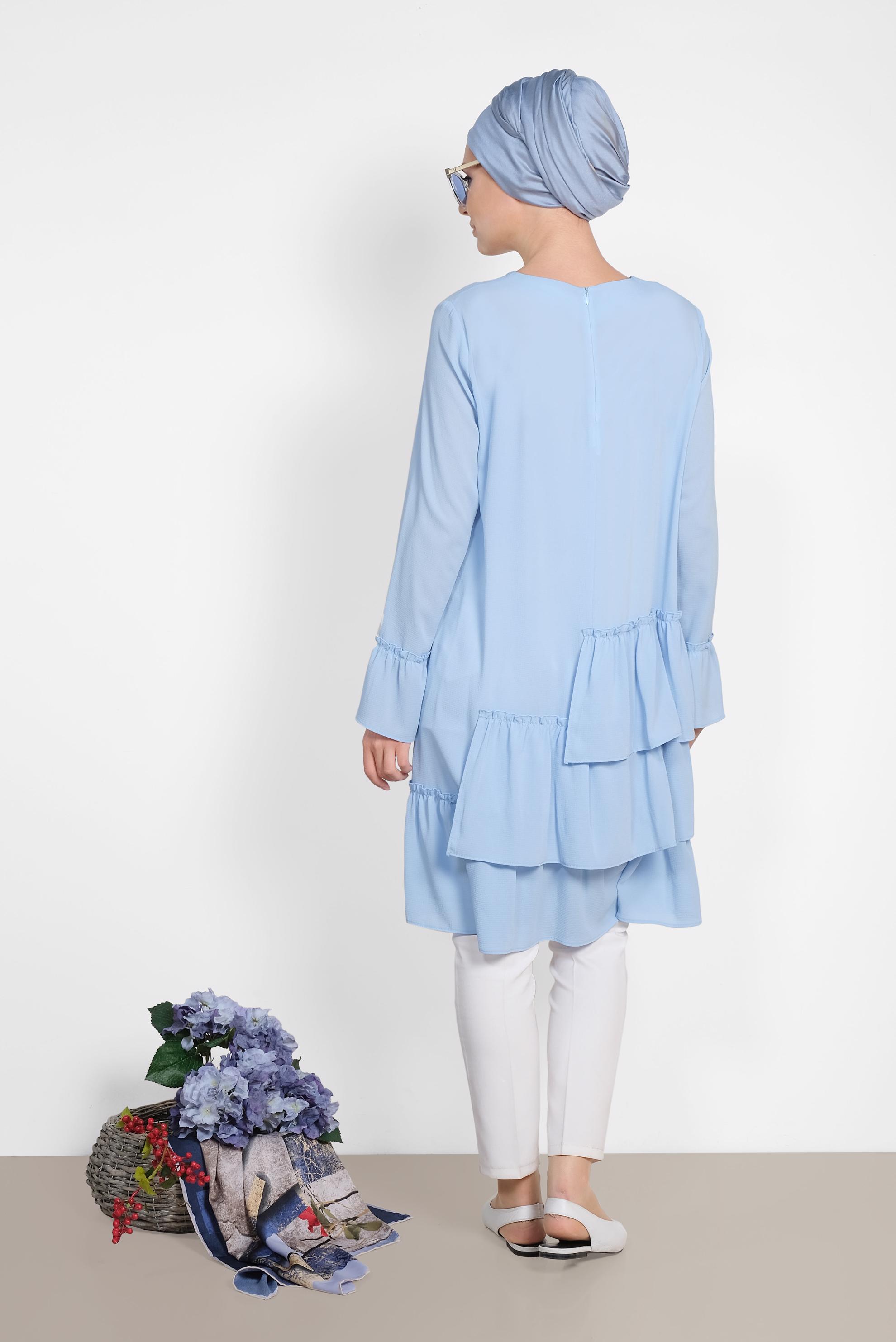 Tesettür giyim MAVİ ETEK UCU FIRFIRLI TUNİK 4850