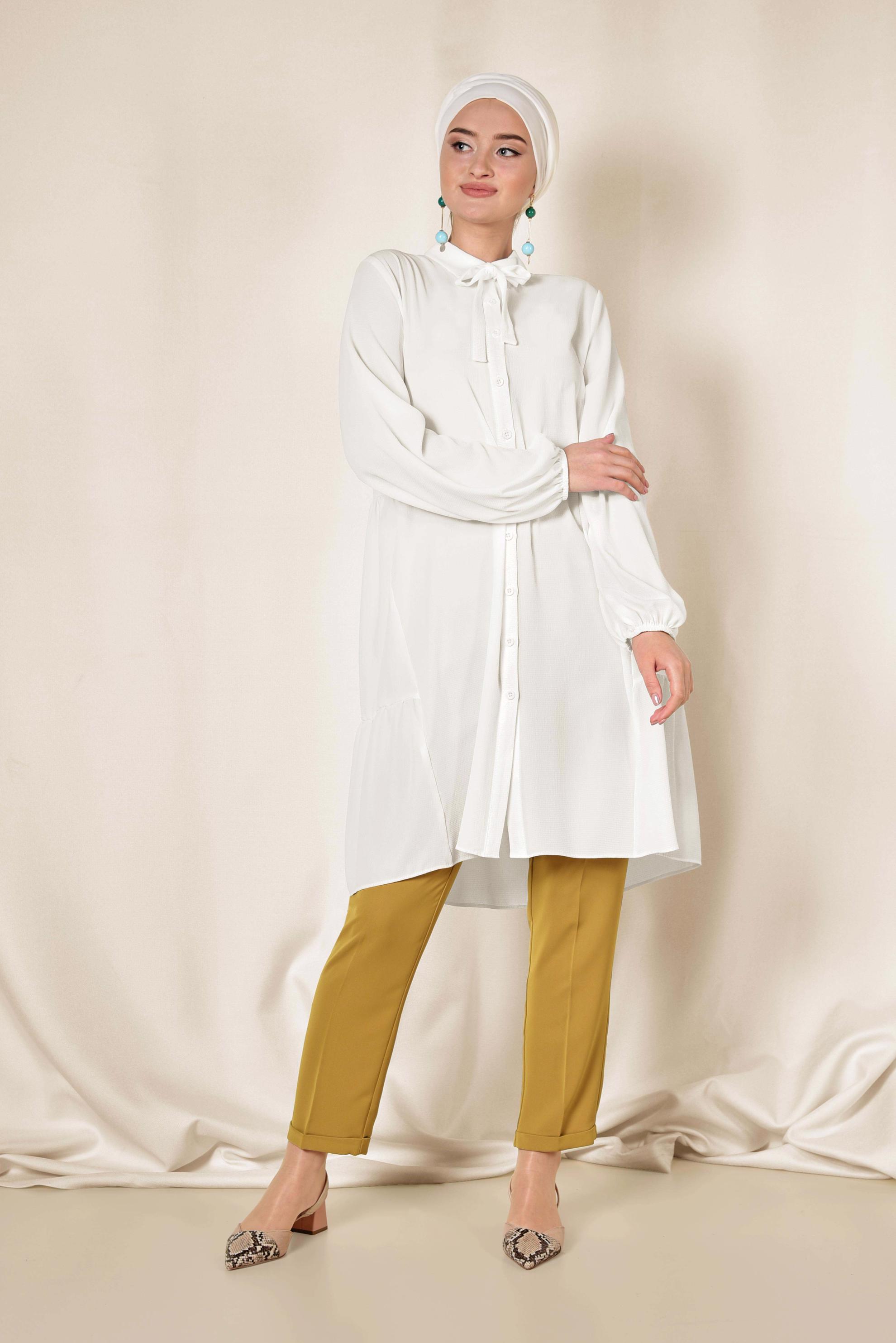 Tesettür giyim BEYAZ KOLLARI BALON  TUNİK 4851