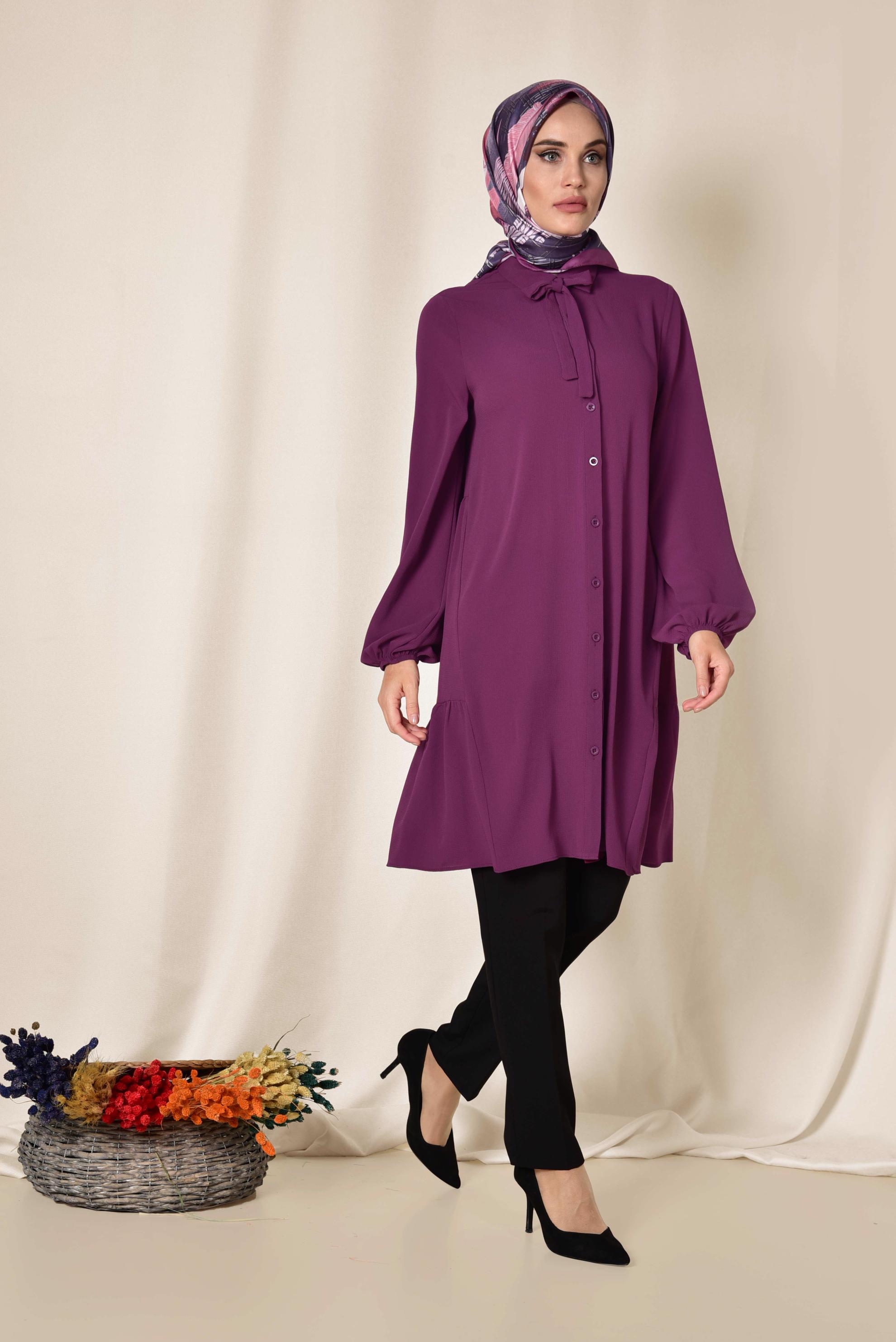 Tesettür giyim FUŞYA KOLLARI BALON  TUNİK 4851